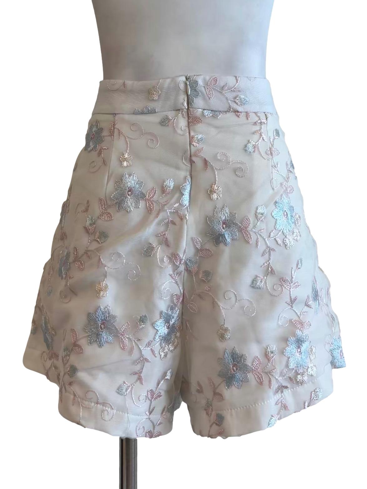 Pearl White Blue Pink Embroidered Shorts