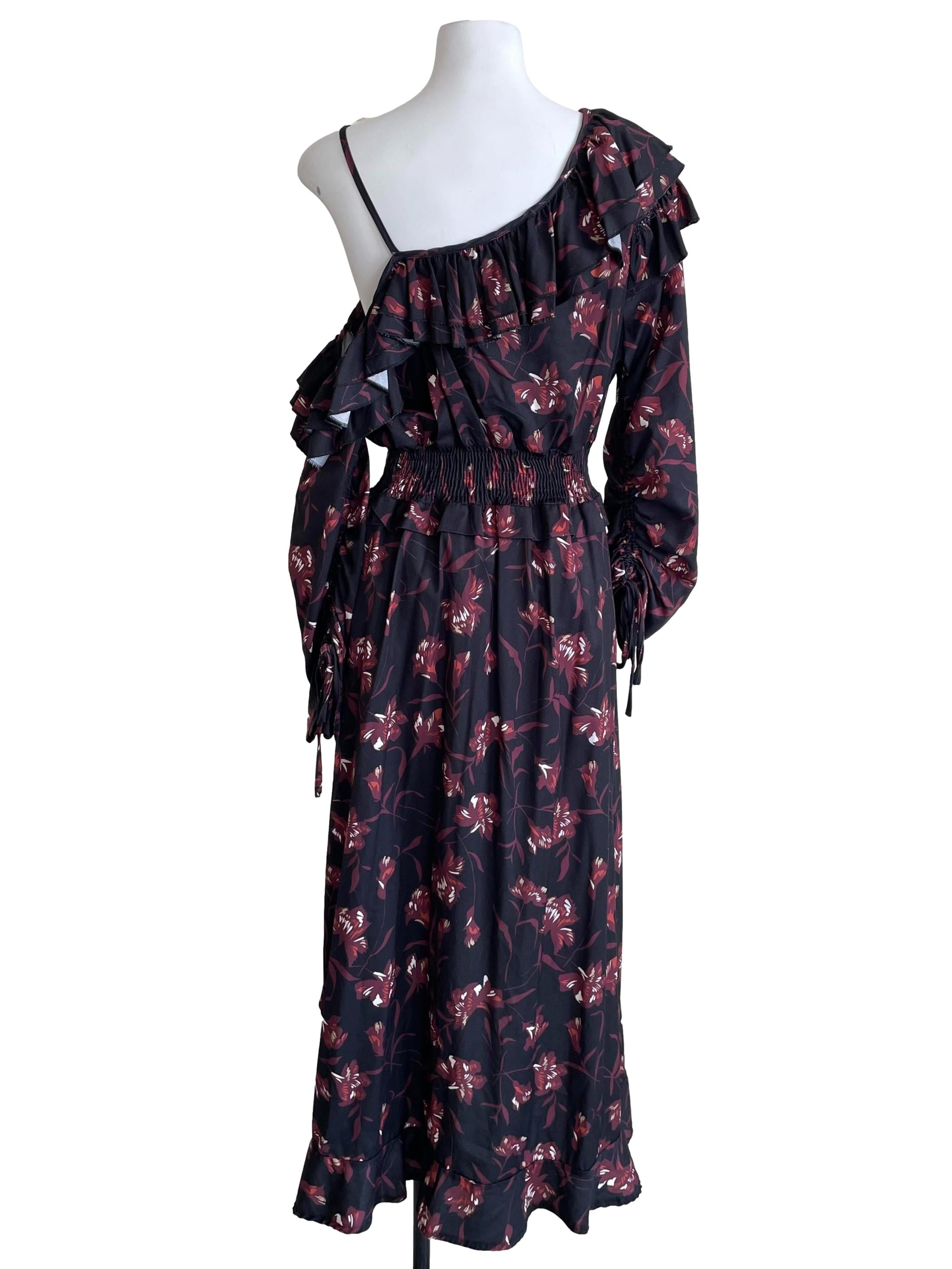 Charcoal Floral Scrunch Sleeves Ruffle Dress