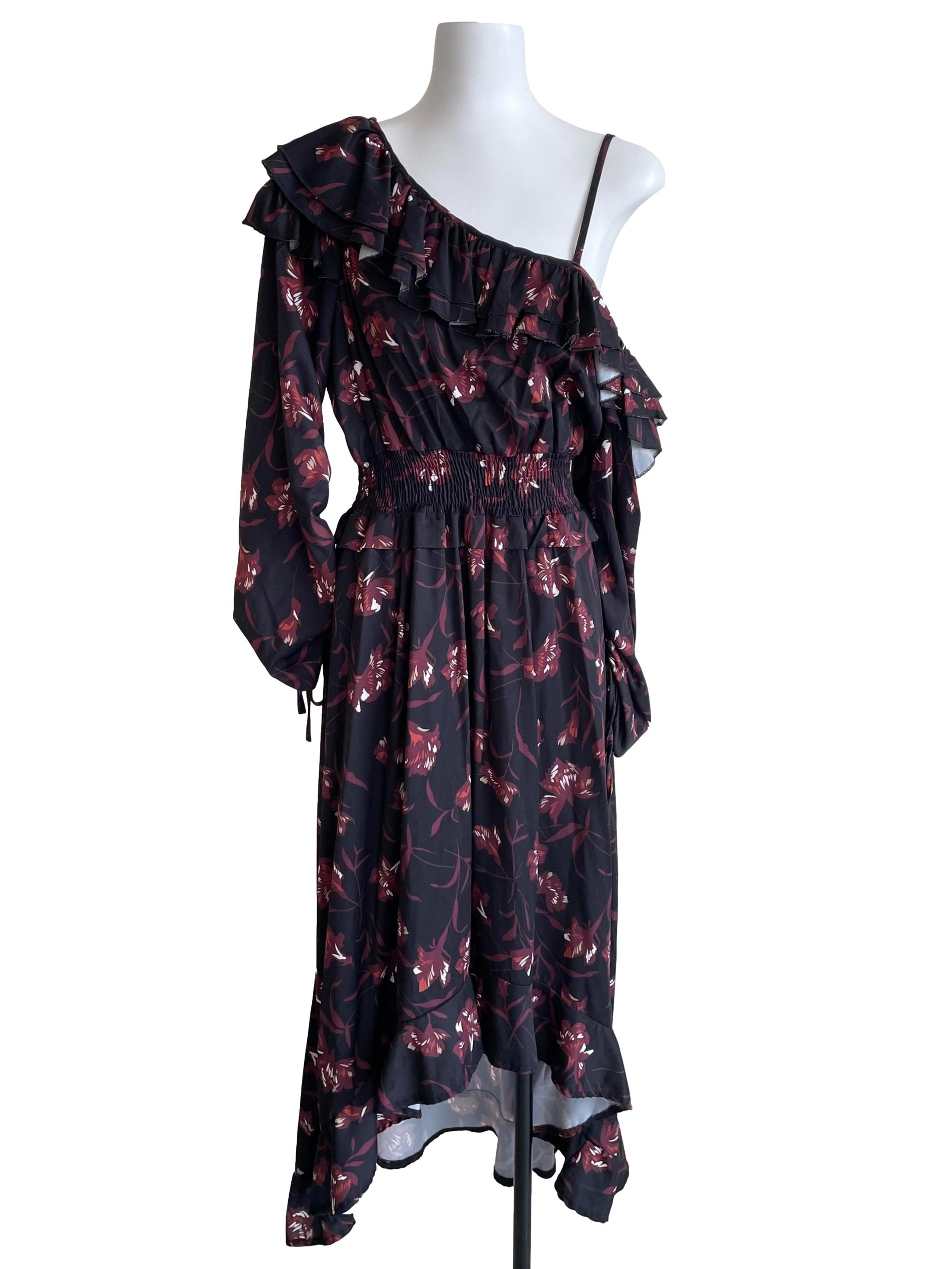 Charcoal Floral Scrunch Sleeves Ruffle Dress