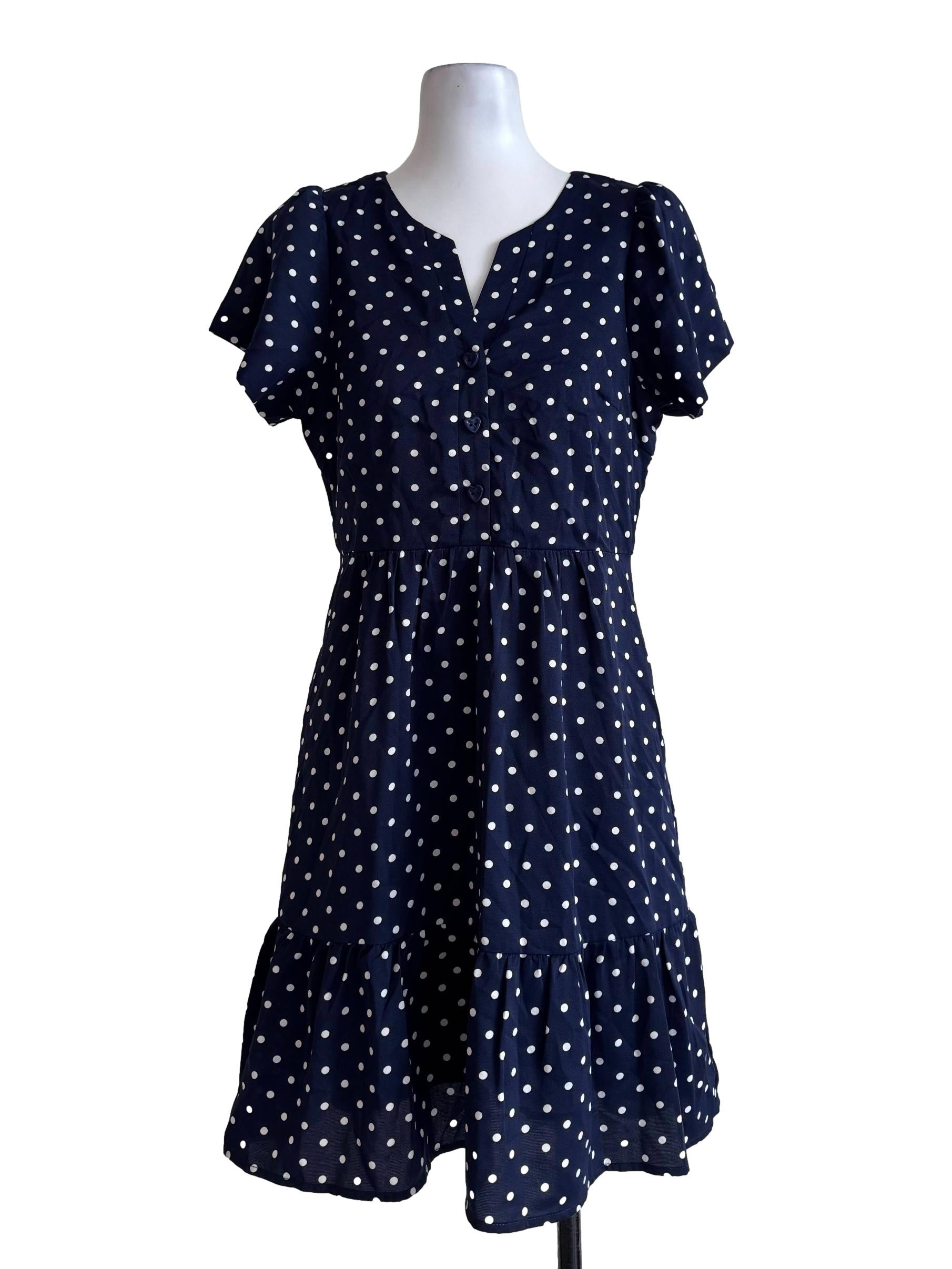 Midnight Blue Polka Dot V Neck Dress