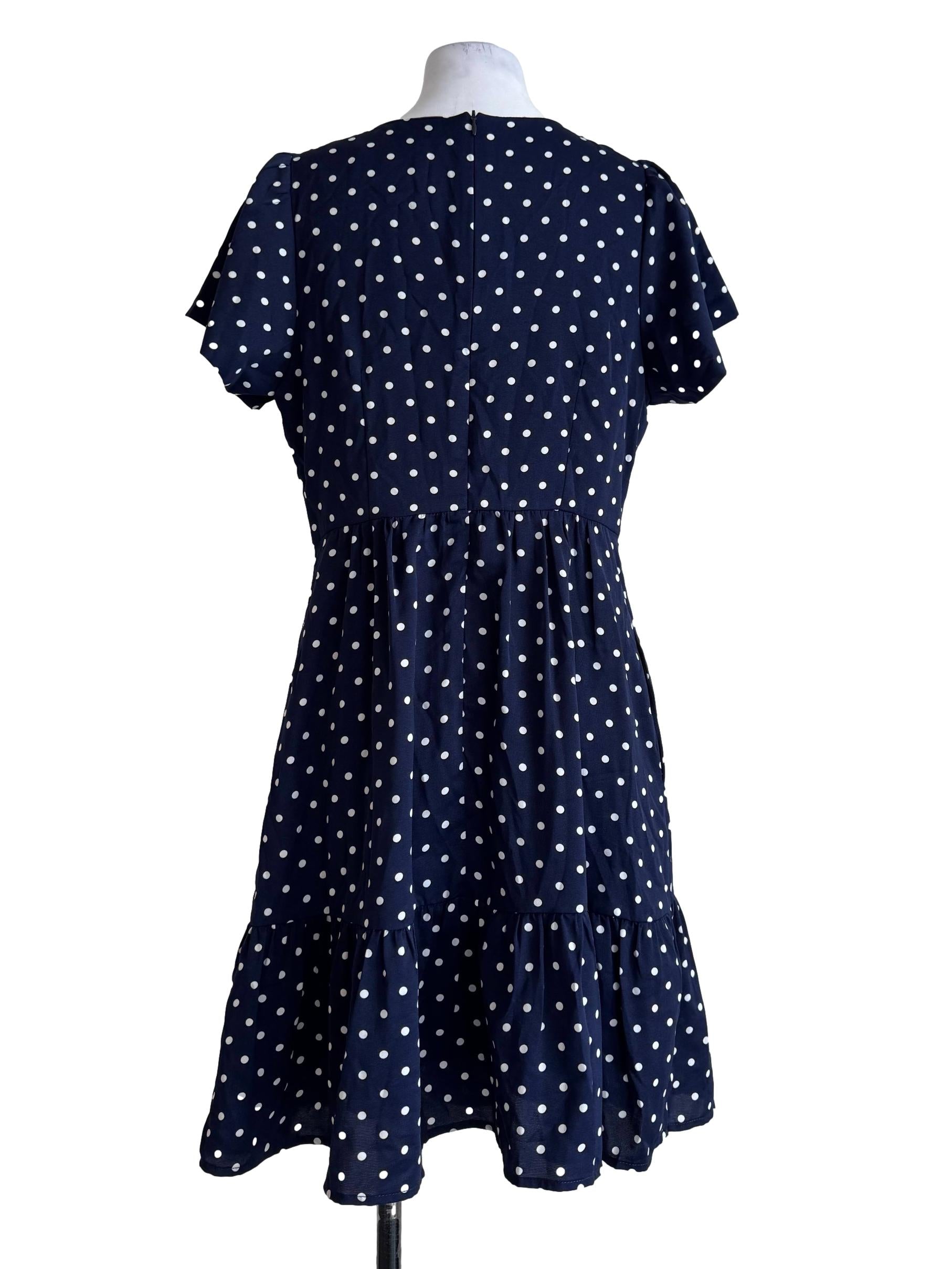Midnight Blue Polka Dot V Neck Dress