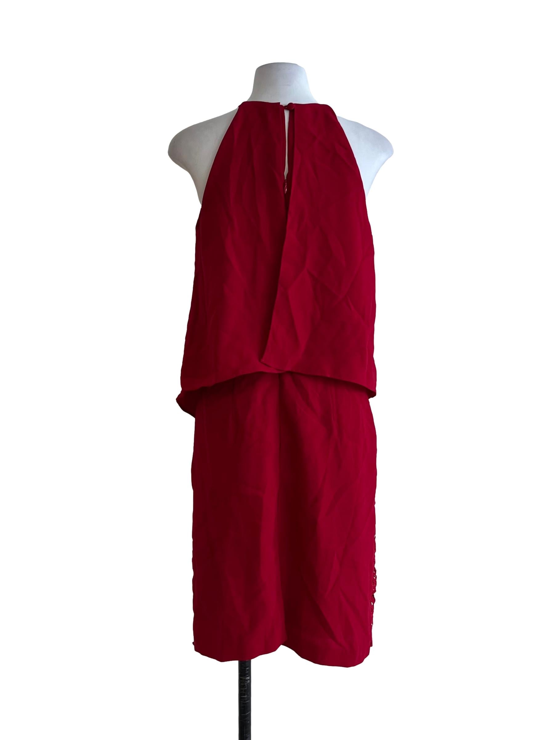 Blood Red Jewel Neckline A-Line Dress