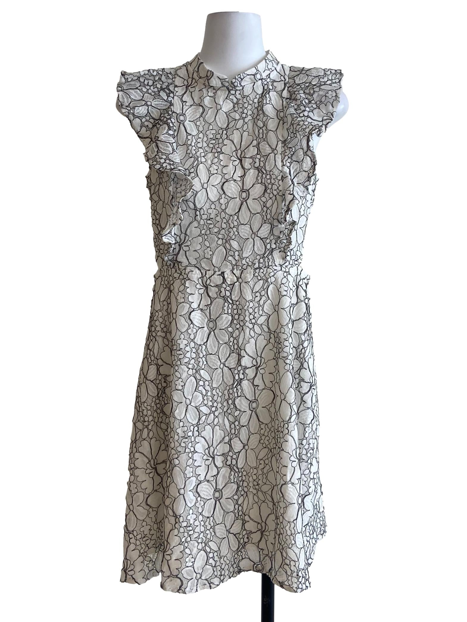 White & Black Floral Lace A-Line Dress