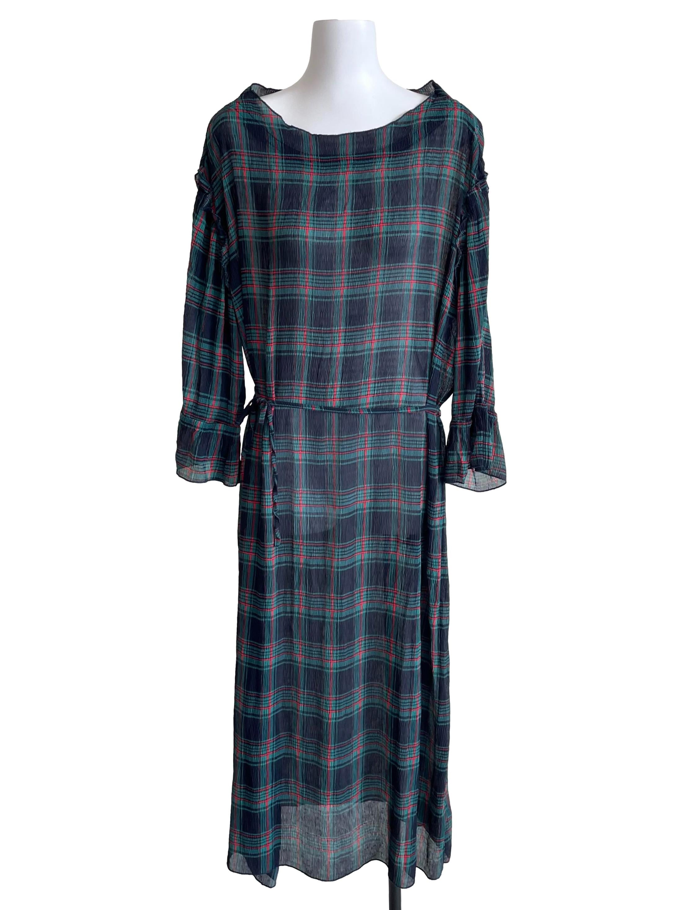 Pine Tartan Textured Chiffon Dress