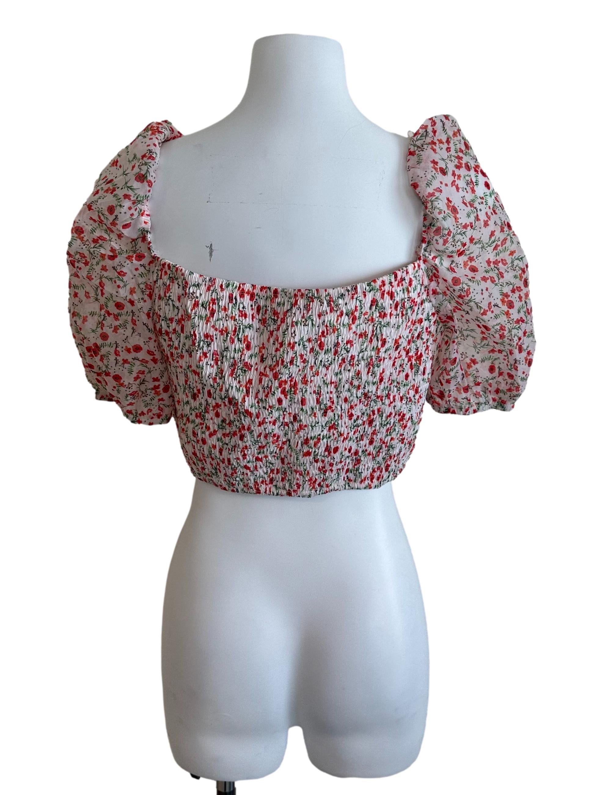 Red And White Floral Puff Sleeve Top