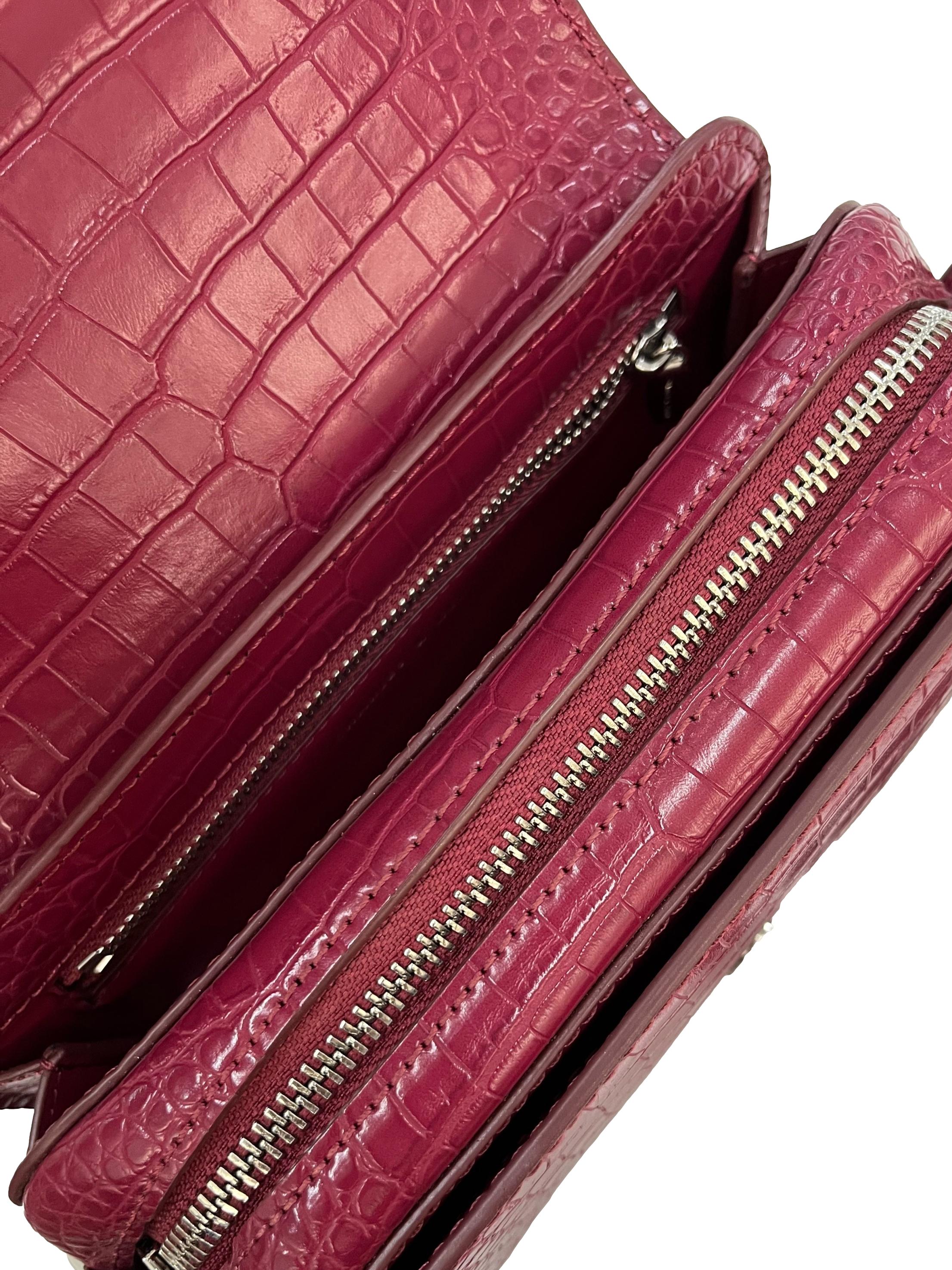 Pink Faux Croc Crossbody Bag