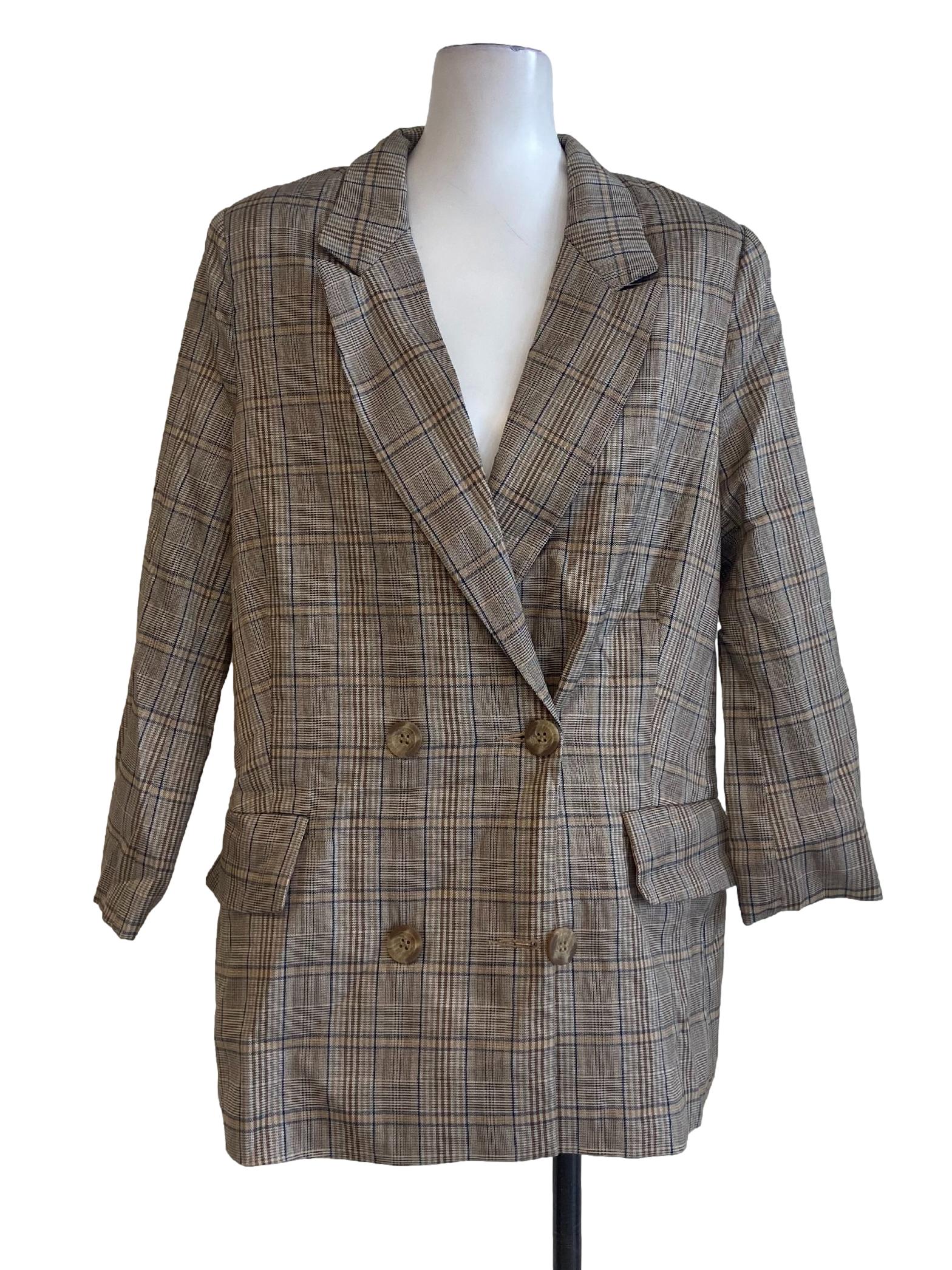 Brown & Black Tartan V Neck Blazer