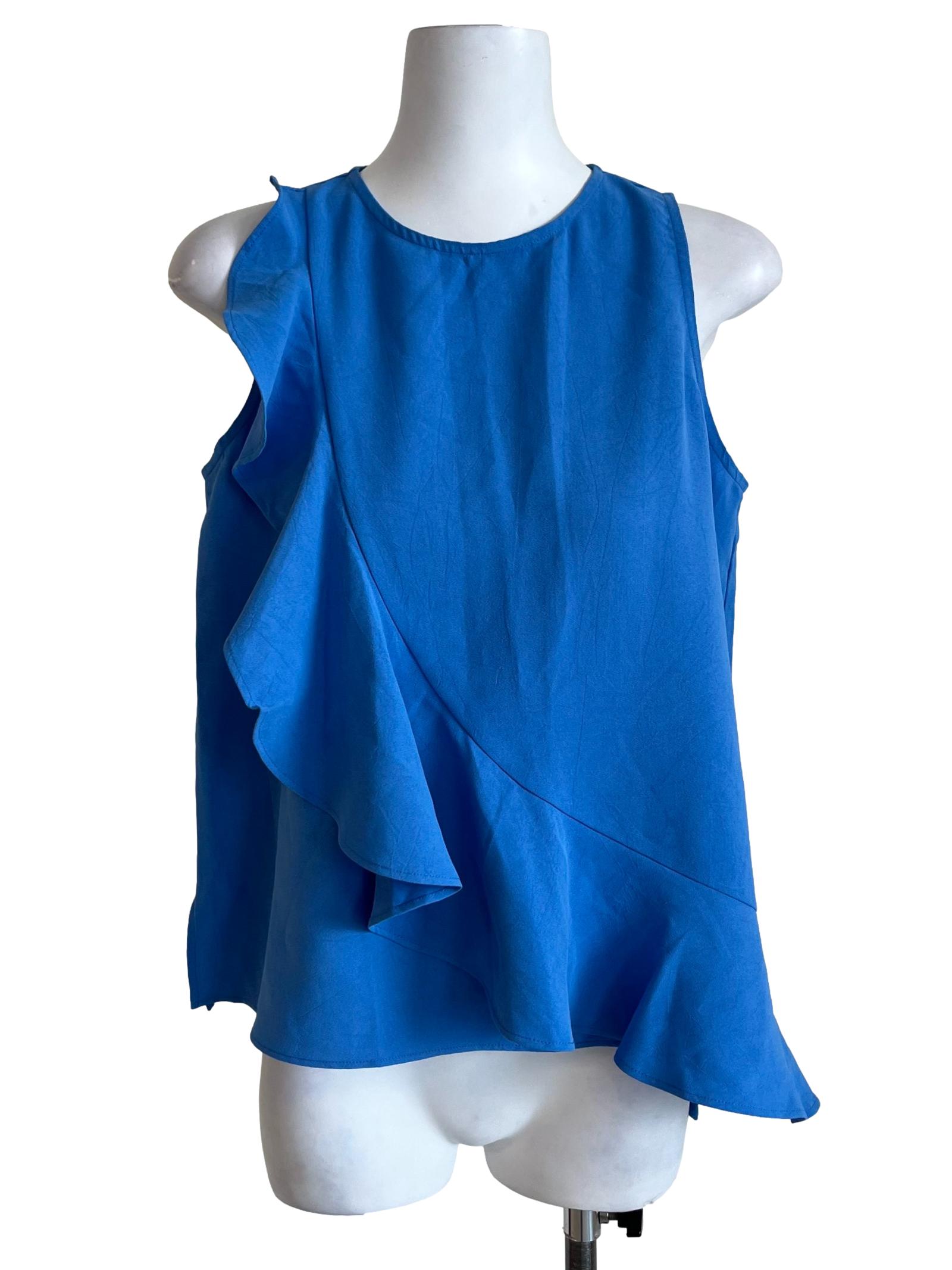 Azure Blue Asymmetrical Ruffle Blouse