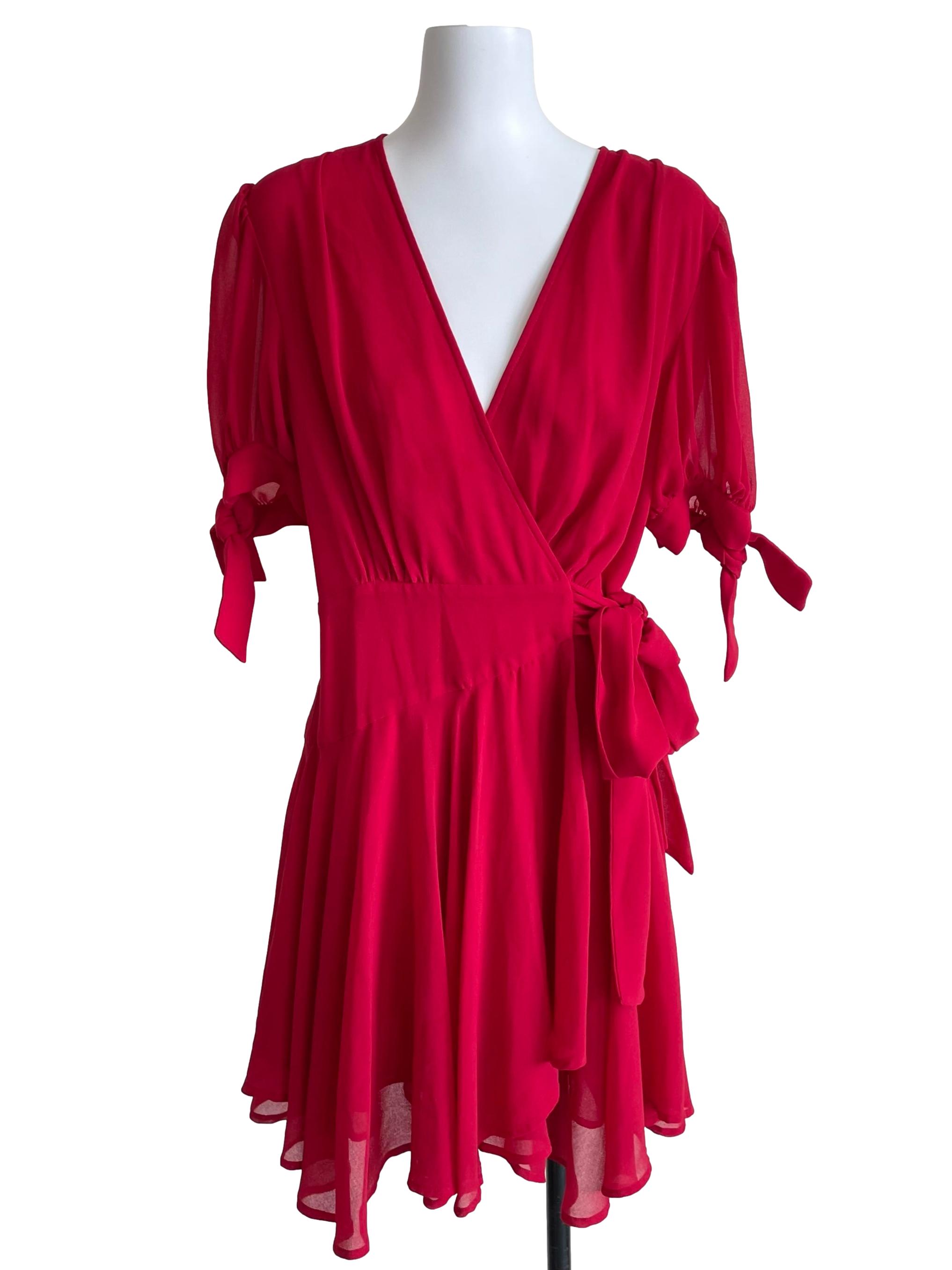 Red Puff Sleeves Chiffon Wrap Dress