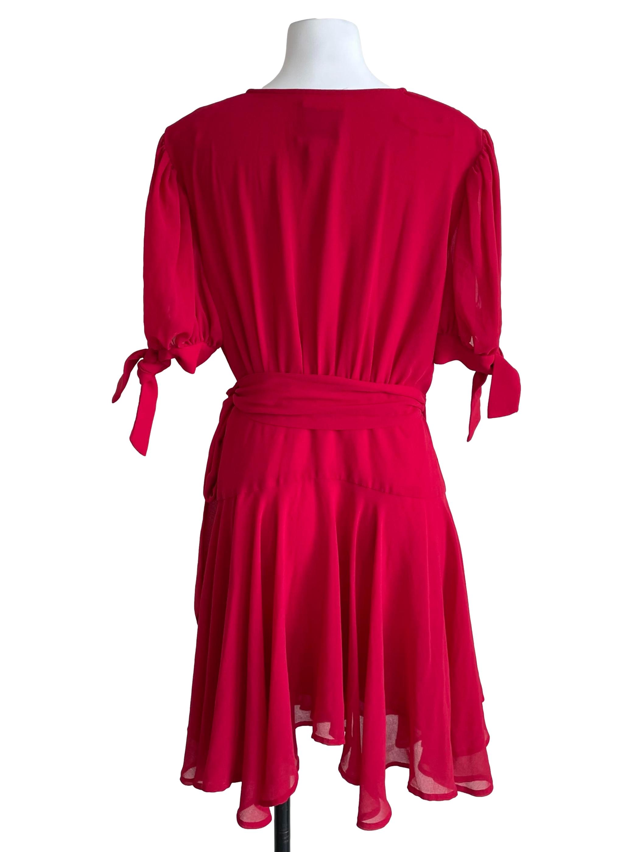 Red Puff Sleeves Chiffon Wrap Dress