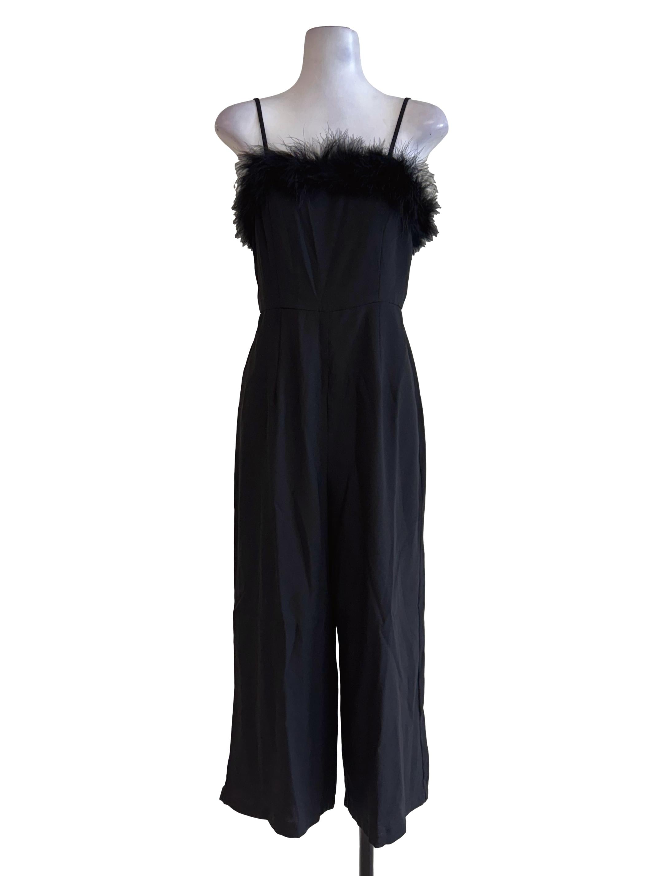 Carbon Black With Faux Fur Straight Cut Jumpsuit