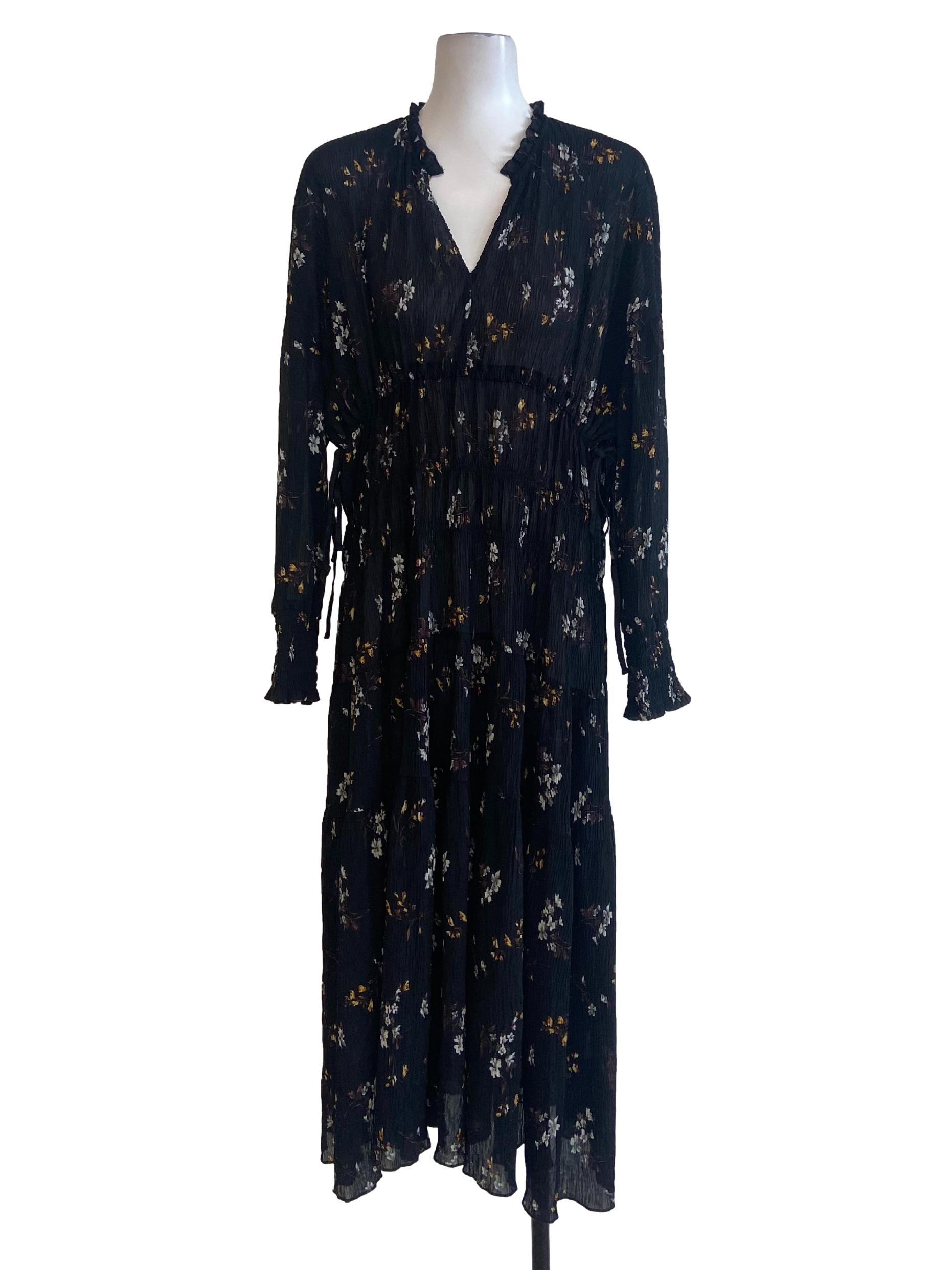 Black Floral Stretchable V Neck Layers Dress
