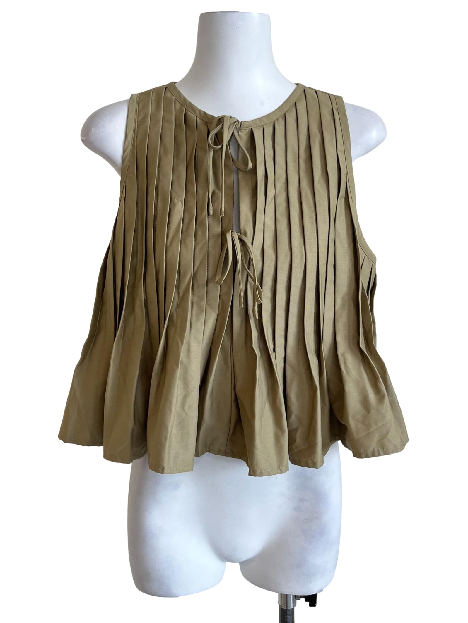 Olive Green Pleated Tie-Neck Sleeveless Blouse
