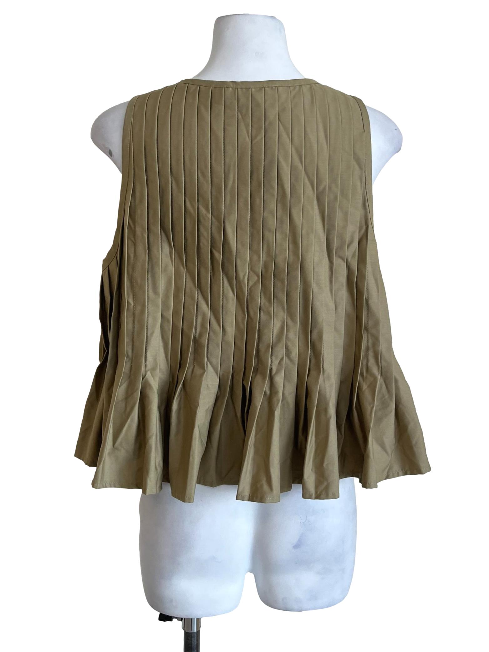 Olive Green Pleated Tie-Neck Sleeveless Blouse