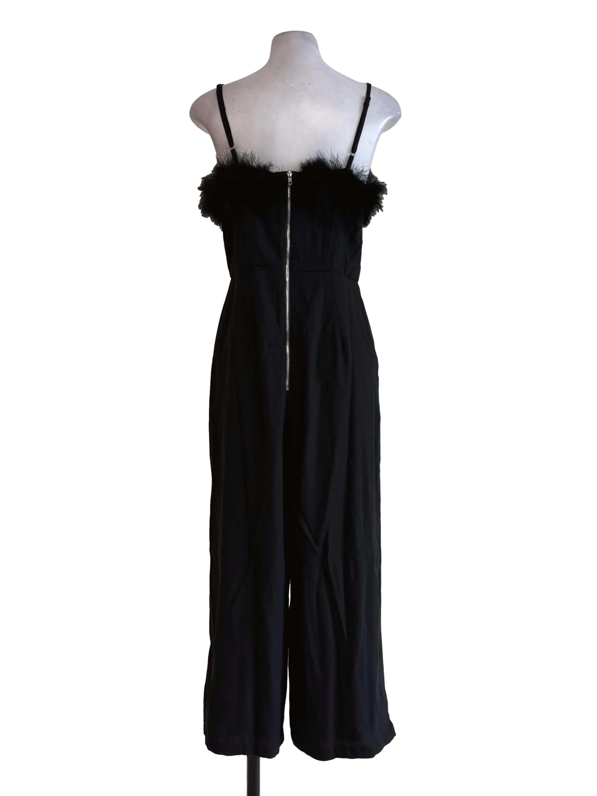 Carbon Black With Faux Fur Straight Cut Jumpsuit