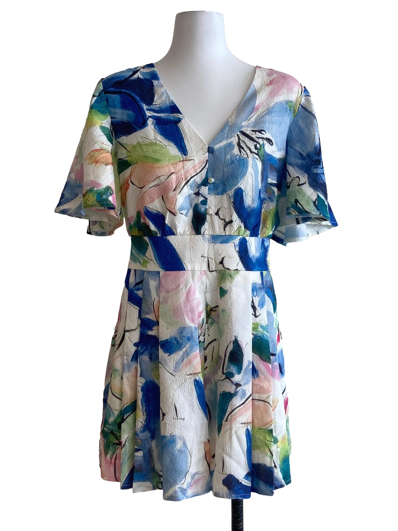 White & Colorful Floral Flare Sleeve Romper