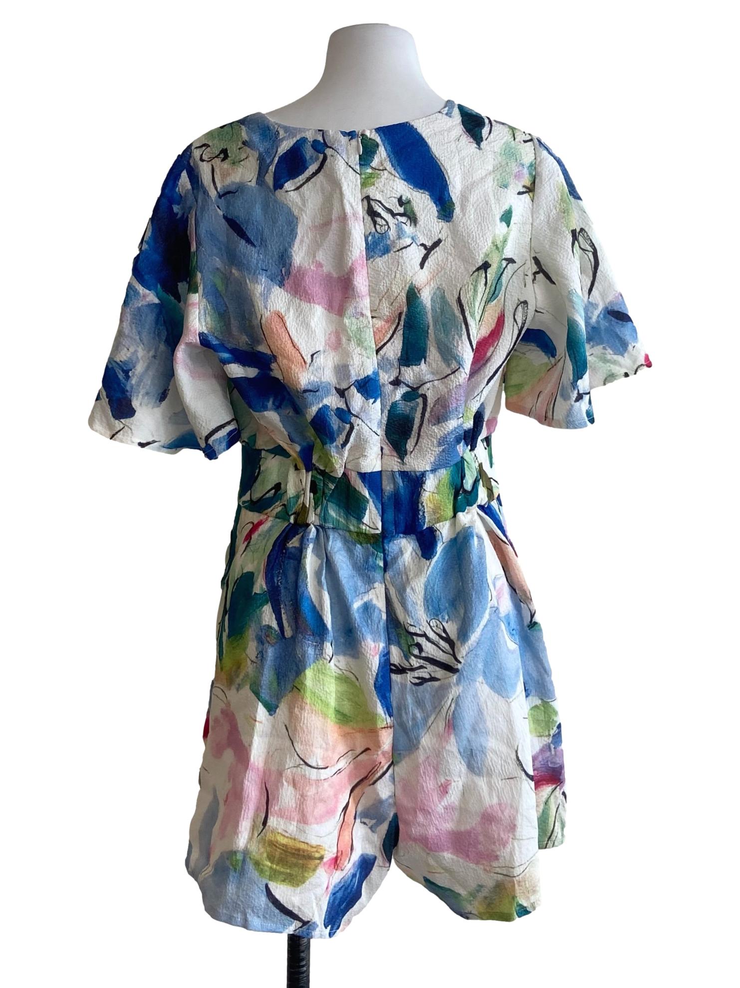 White & Colorful Floral Flare Sleeve Romper