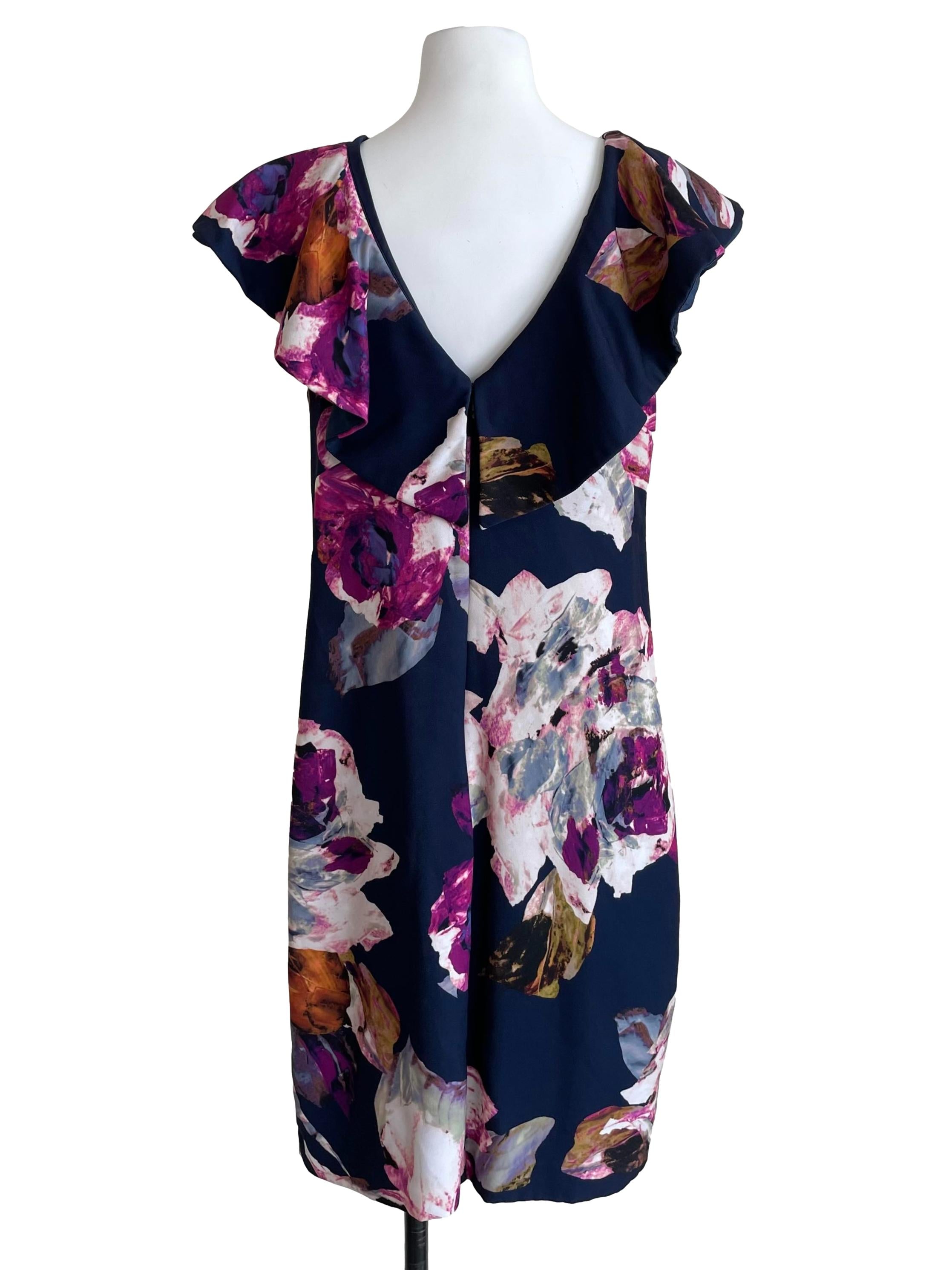 Navy Floral Butterfly Sleeves Shift Dress
