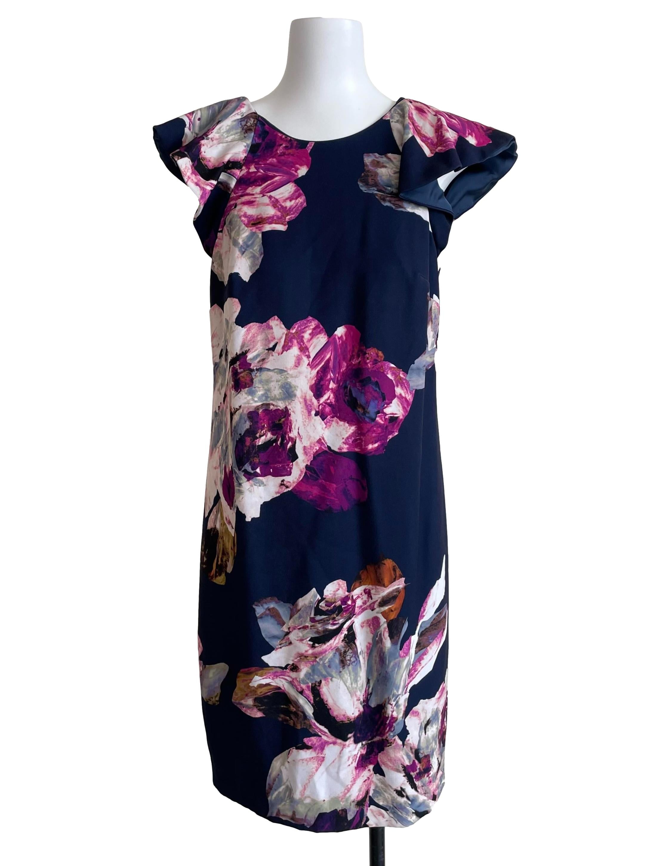 Navy Floral Butterfly Sleeves Shift Dress