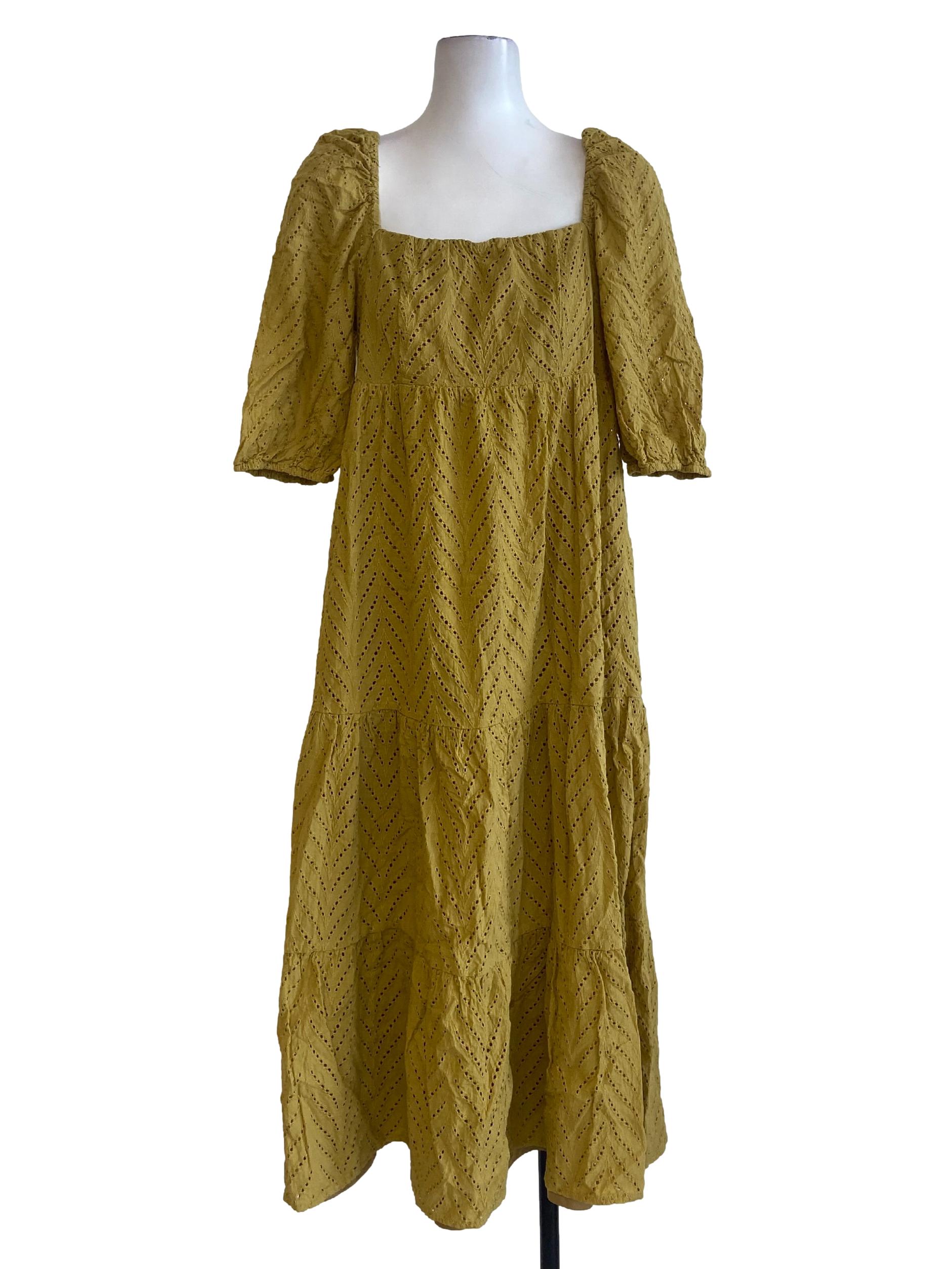Mustard Yellow Embroidery Square Neck Dress