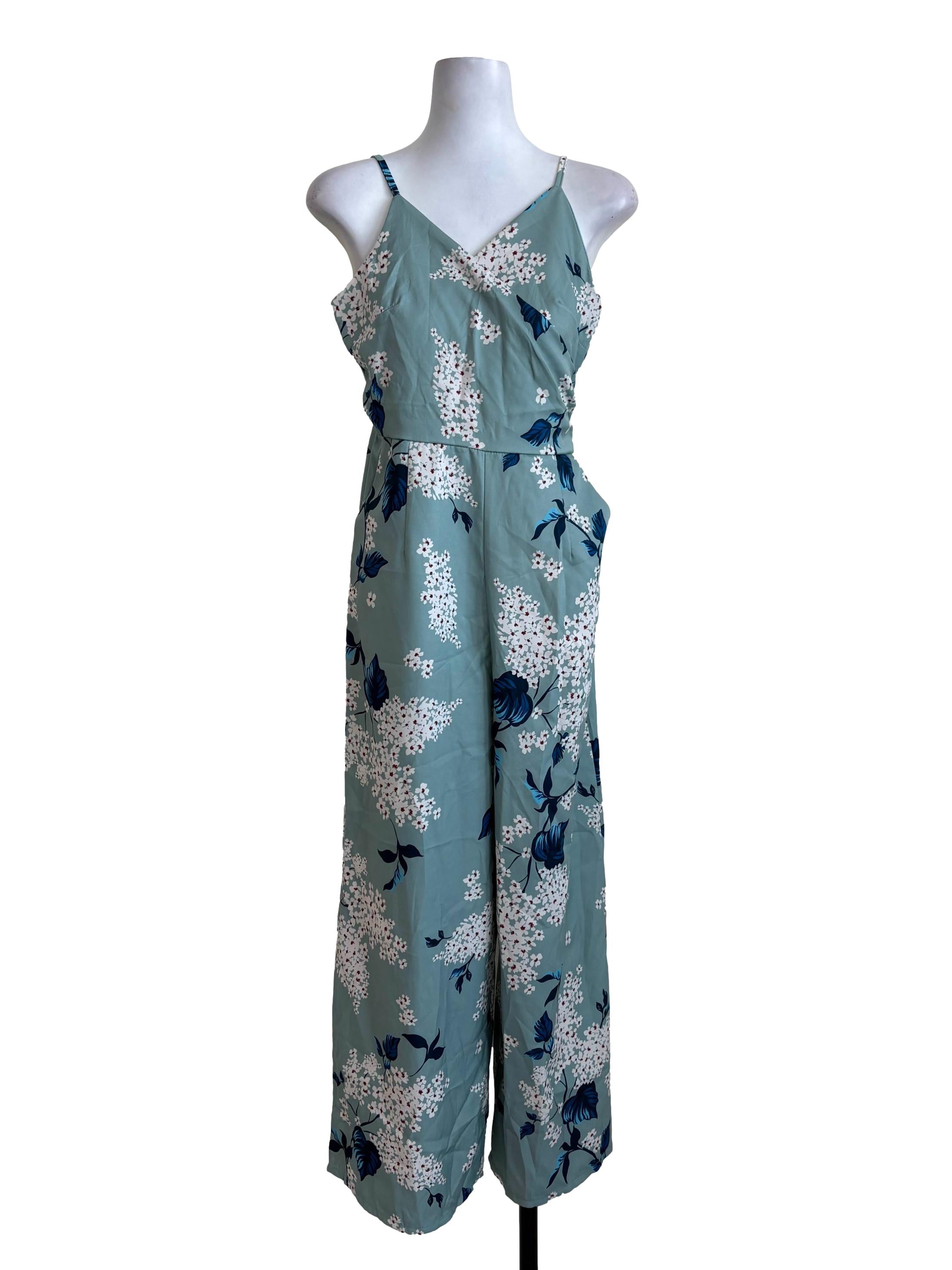 Teal Blue Floral Wrap Jumpsuit