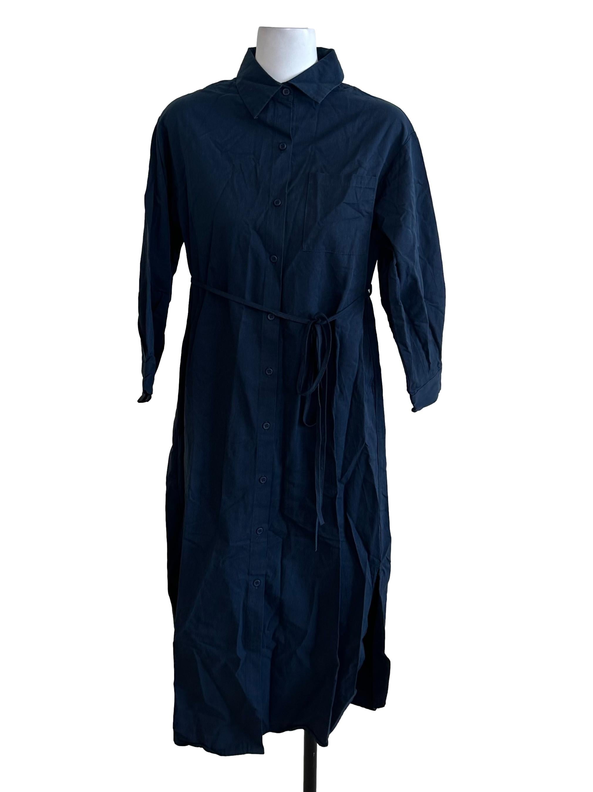 Navy Blue Plain Collar Dress