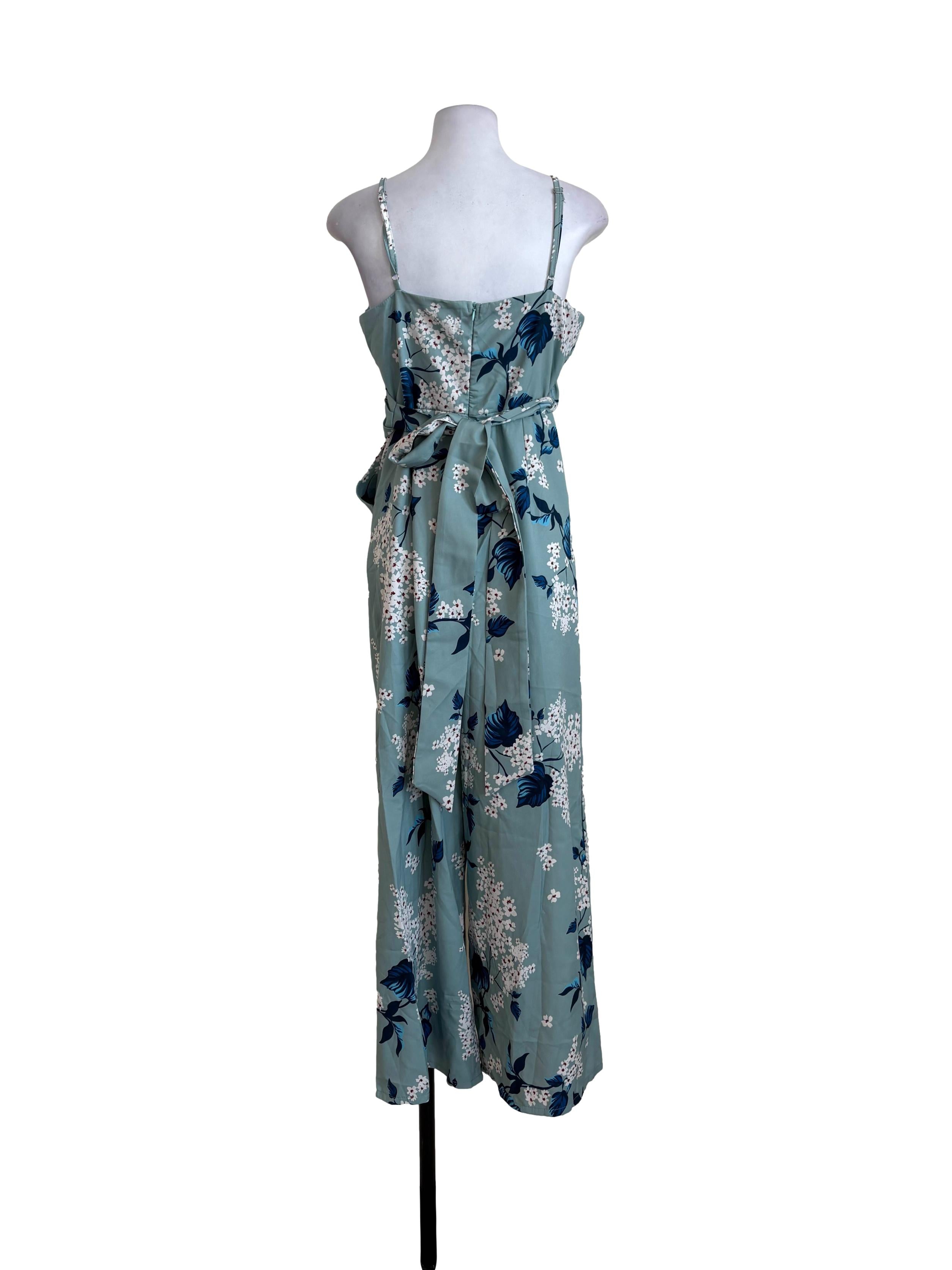 Teal Blue Floral Wrap Jumpsuit