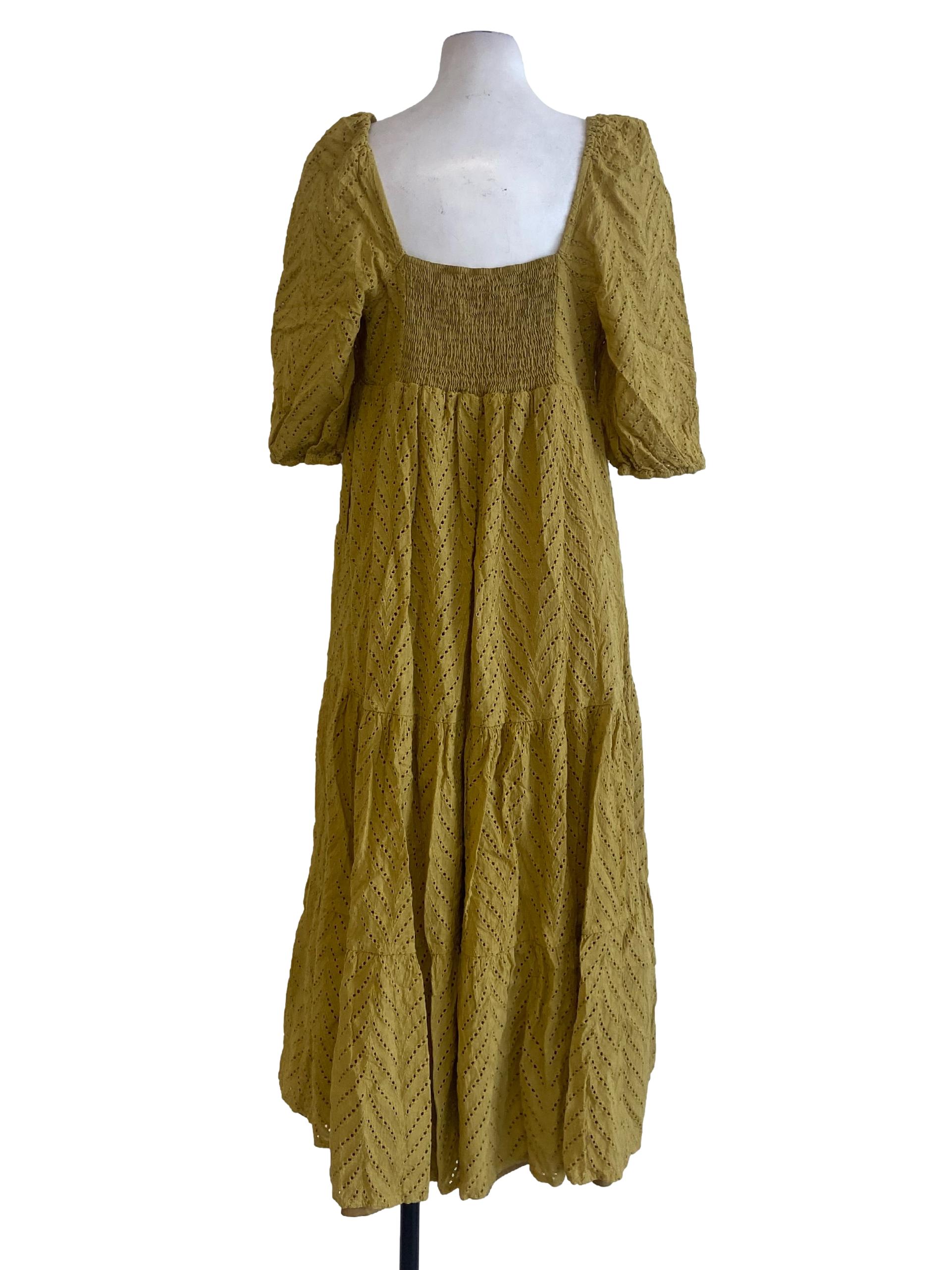 Mustard Yellow Embroidery Square Neck Dress