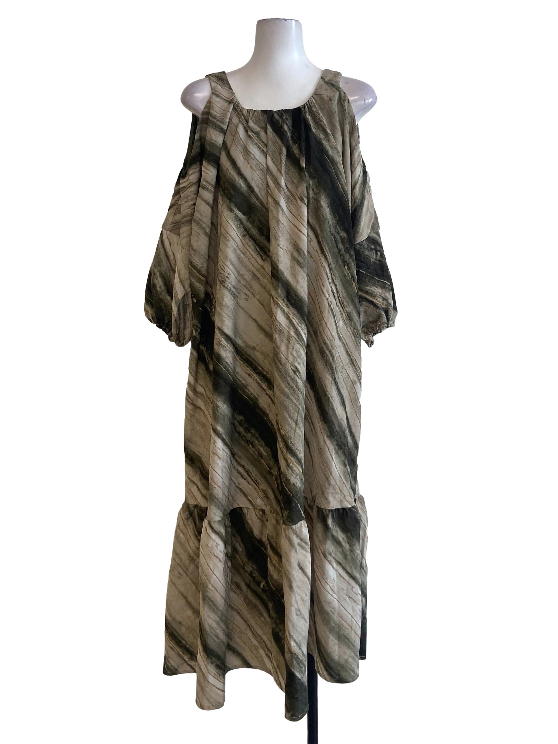 Green Marble Drop Shoulder Drop Waist Dress
