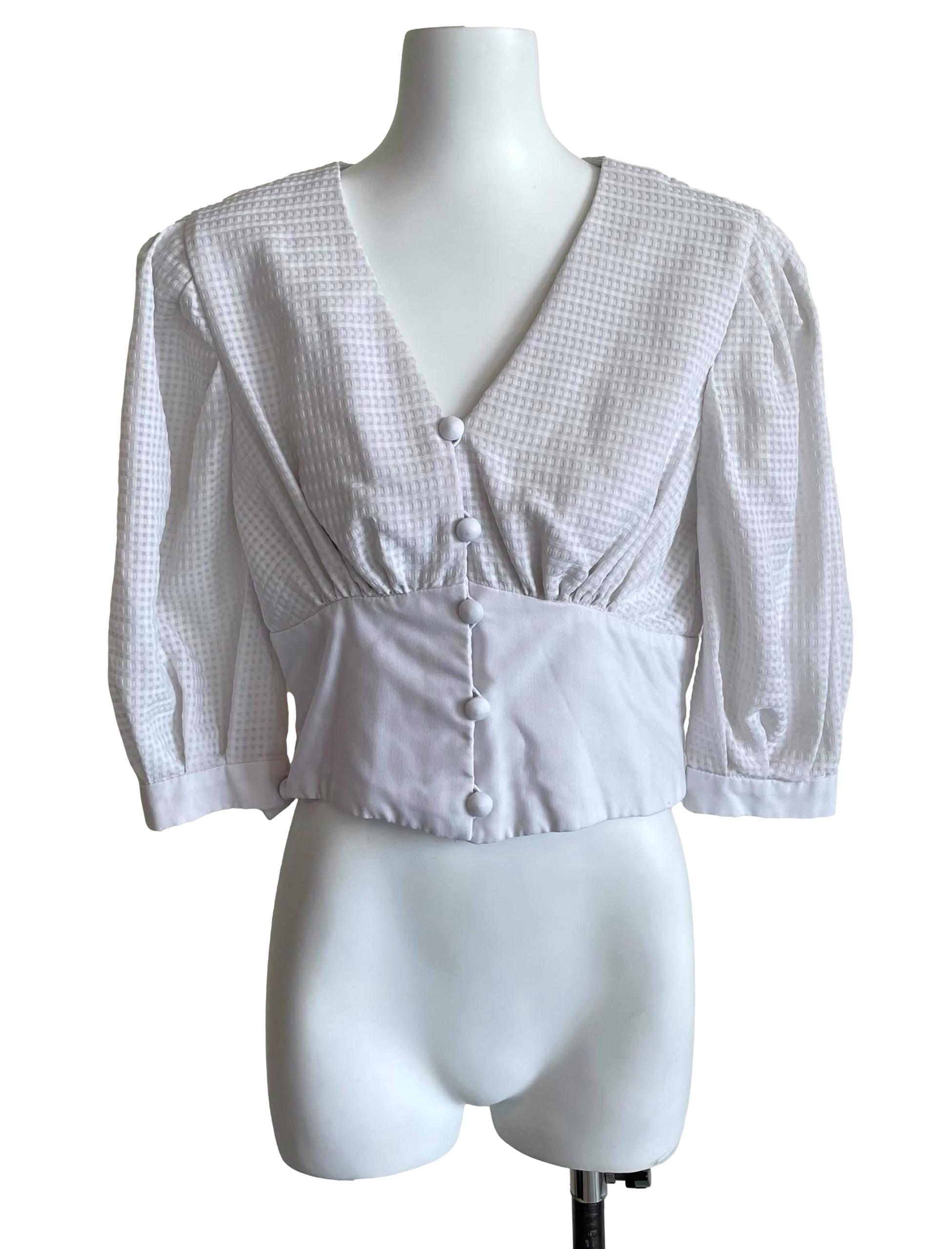 White Grid V Neck French Sleeves Top