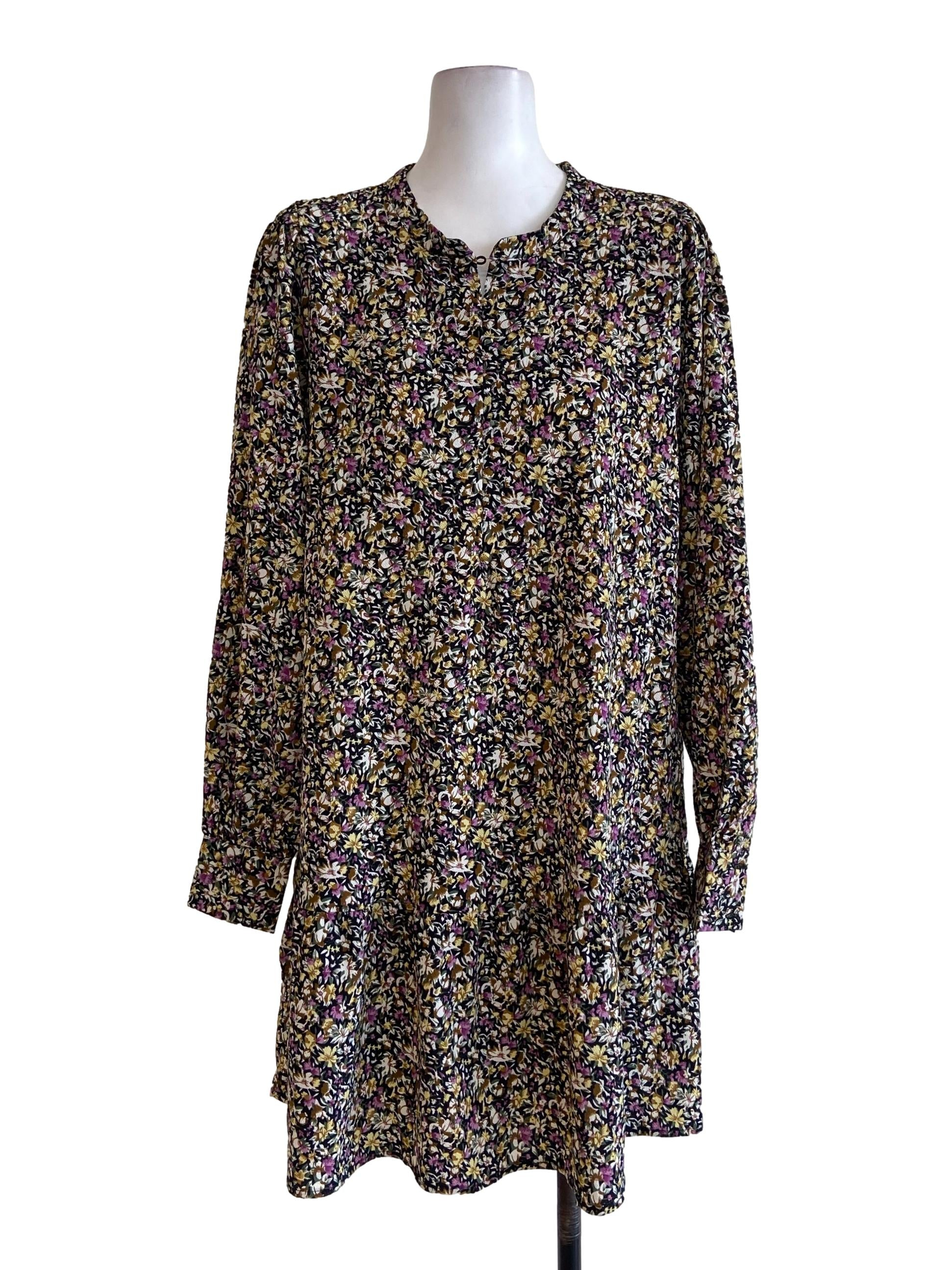 Black & Colourful Floral Half Button Shirt Drop Waist Dress