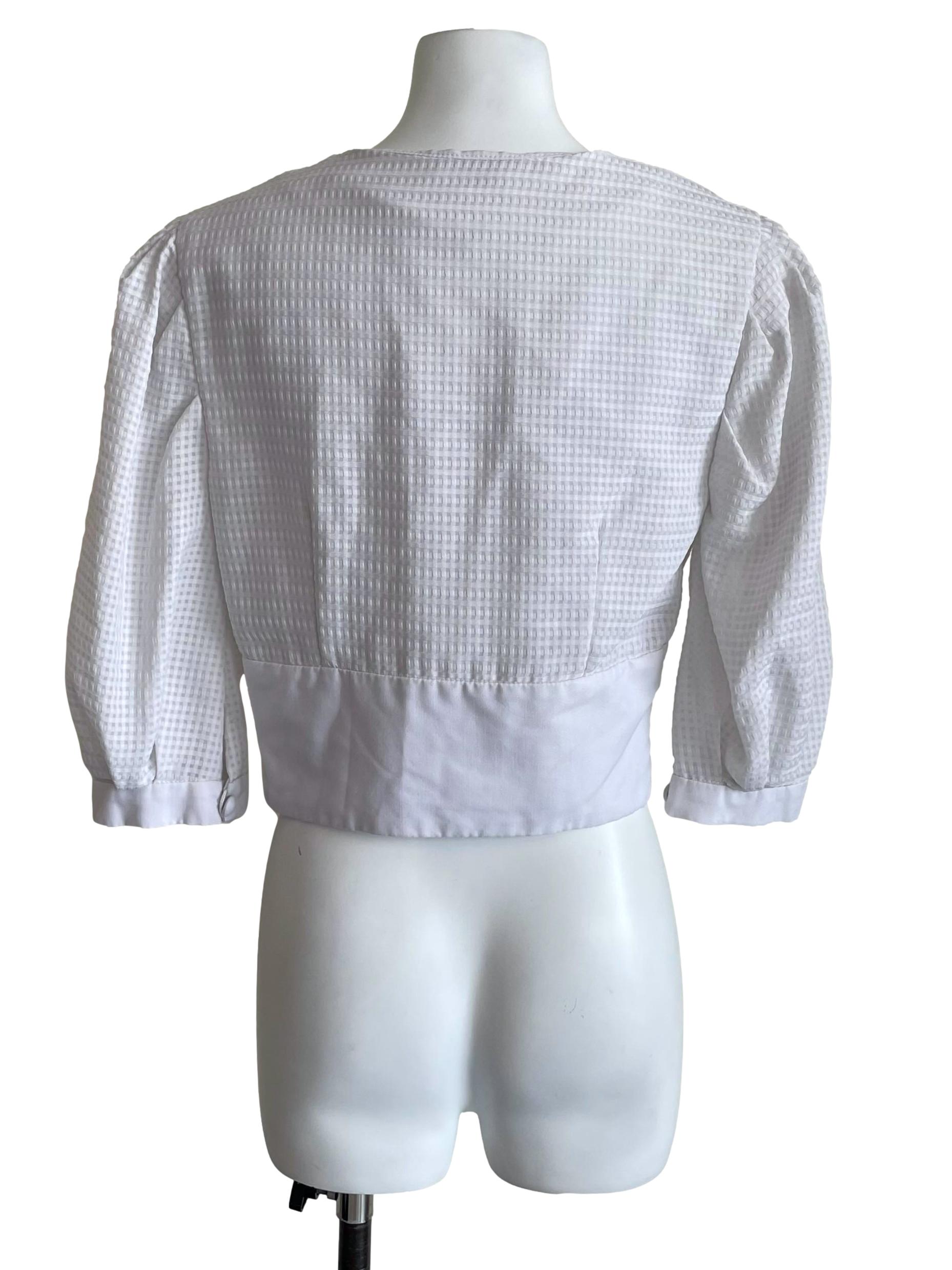 White Grid V Neck French Sleeves Top