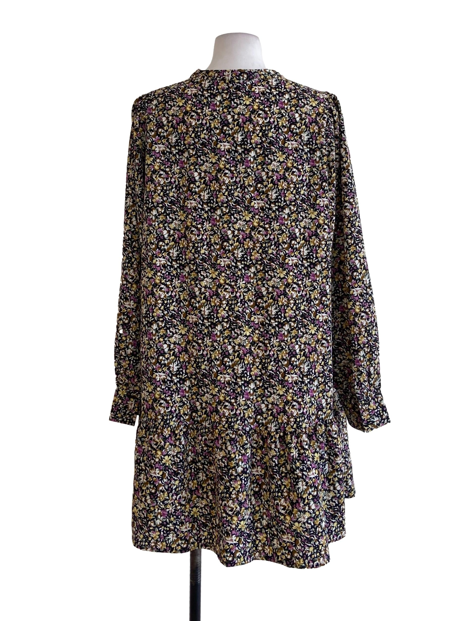 Black & Colourful Floral Half Button Shirt Drop Waist Dress