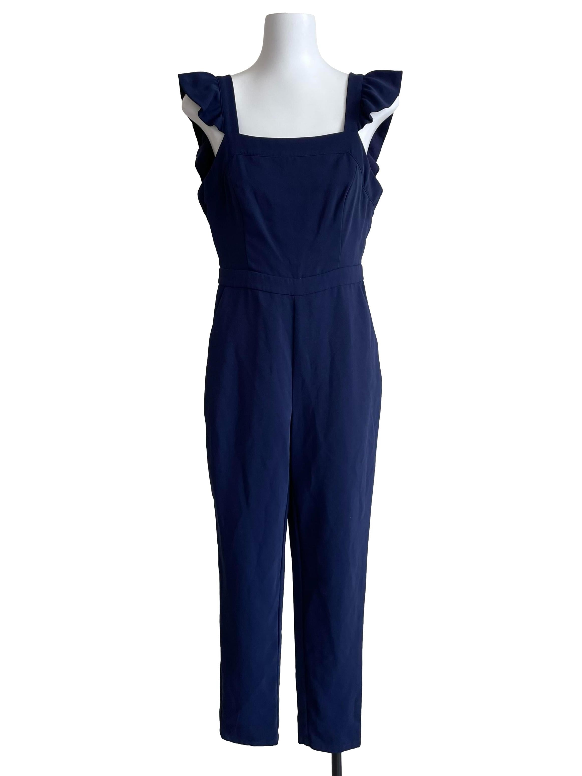 Navy Ruffle Straps Apron Jumpsuit
