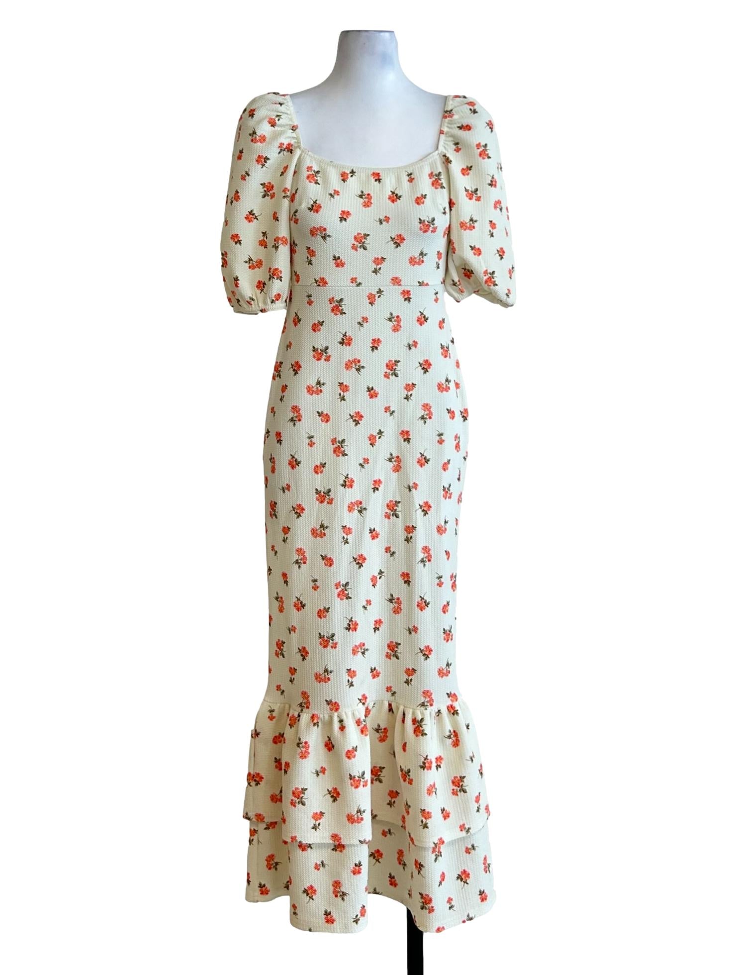 Cream Floral Bodycon Peplum Hem Dress