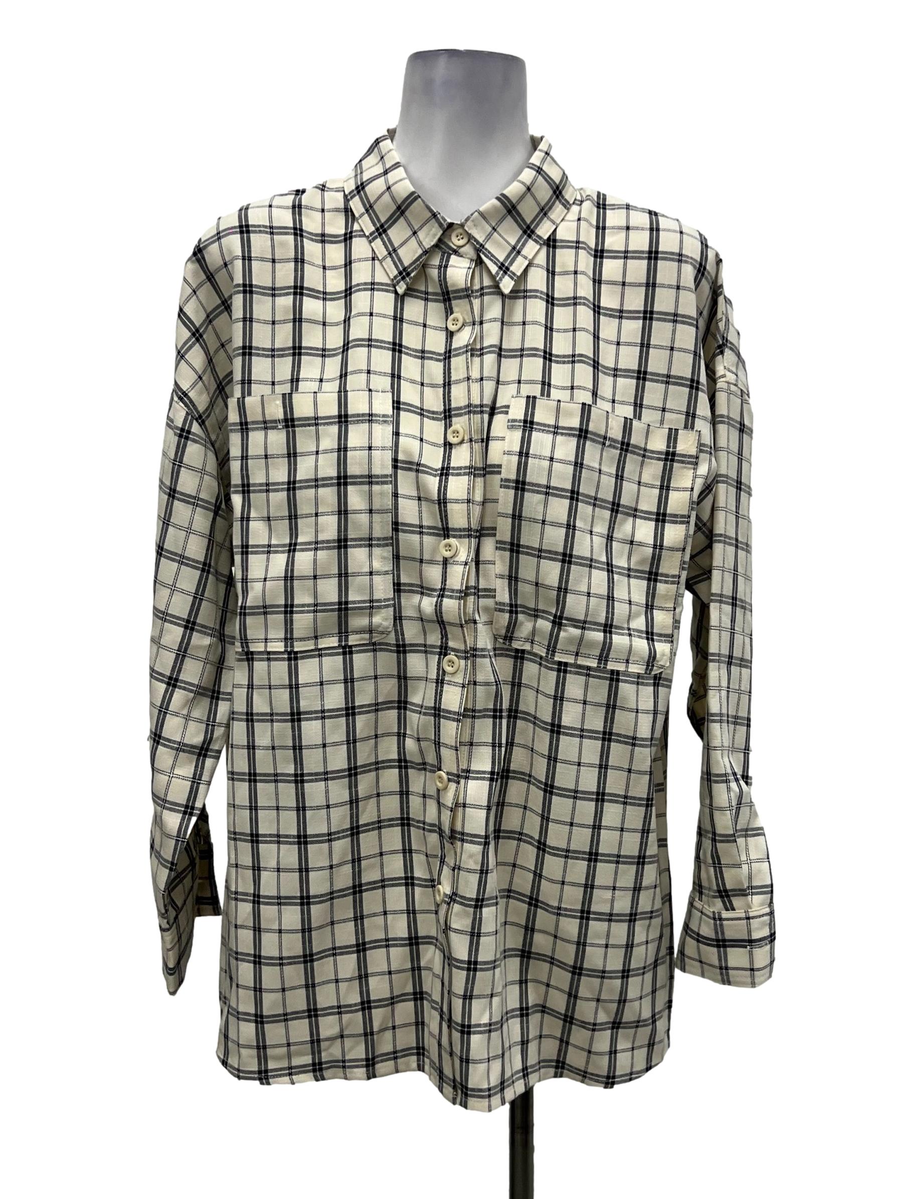 Cream And Black Plaid Button Up Collared Blouse