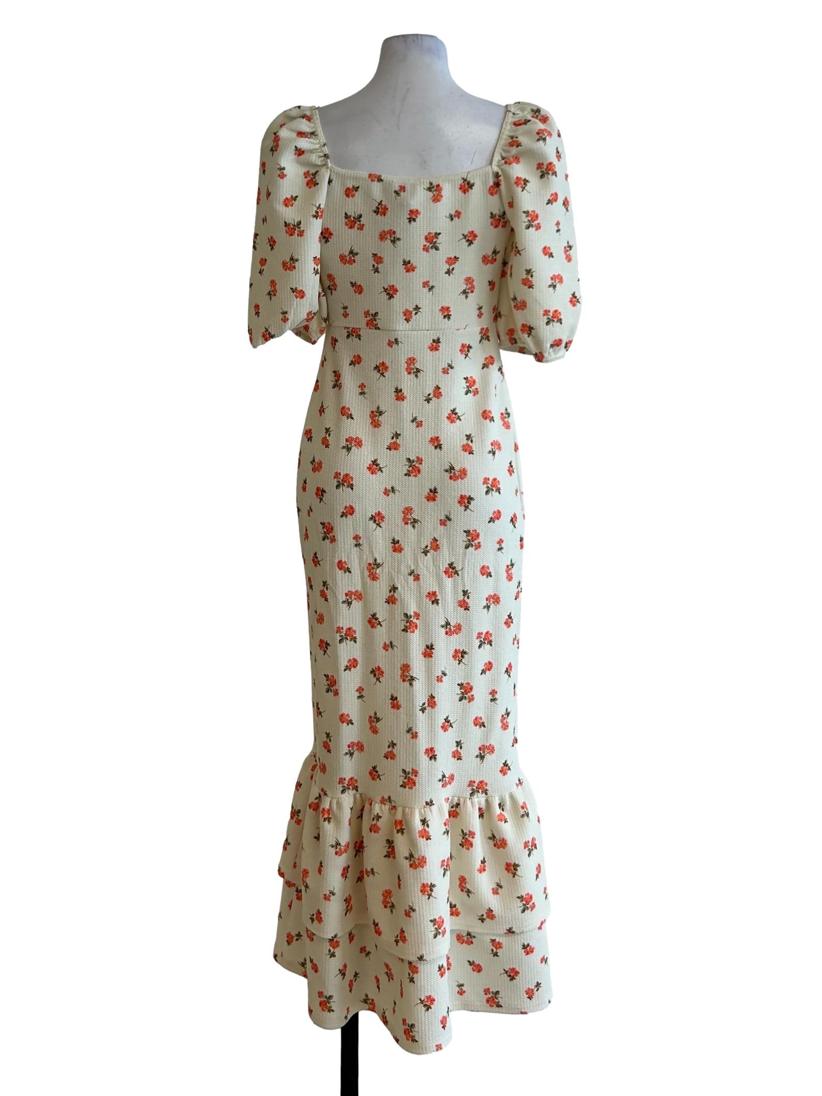 Cream Floral Bodycon Peplum Hem Dress