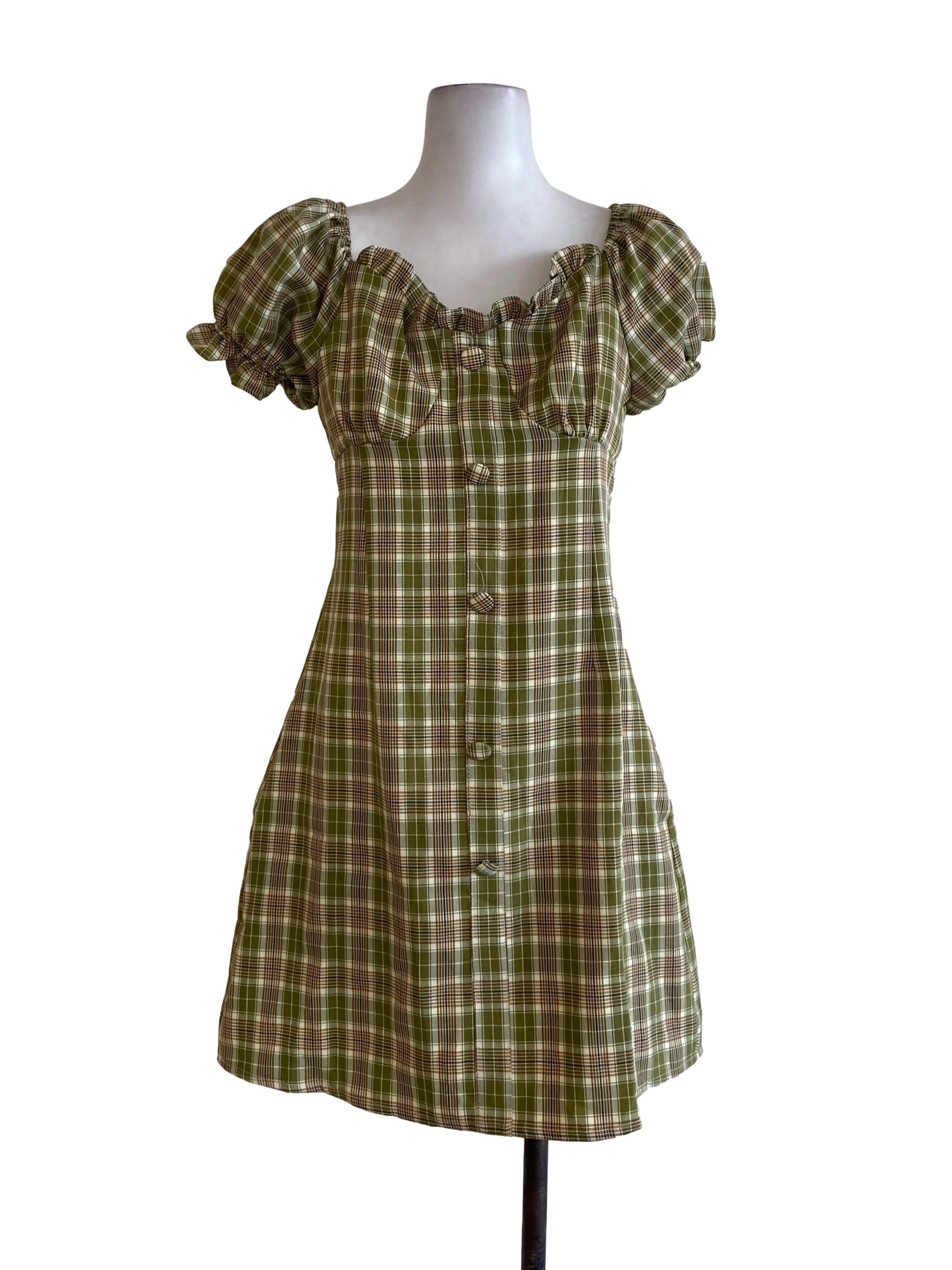 Olive Green Madras Juliet Sleeve A-Line Dress