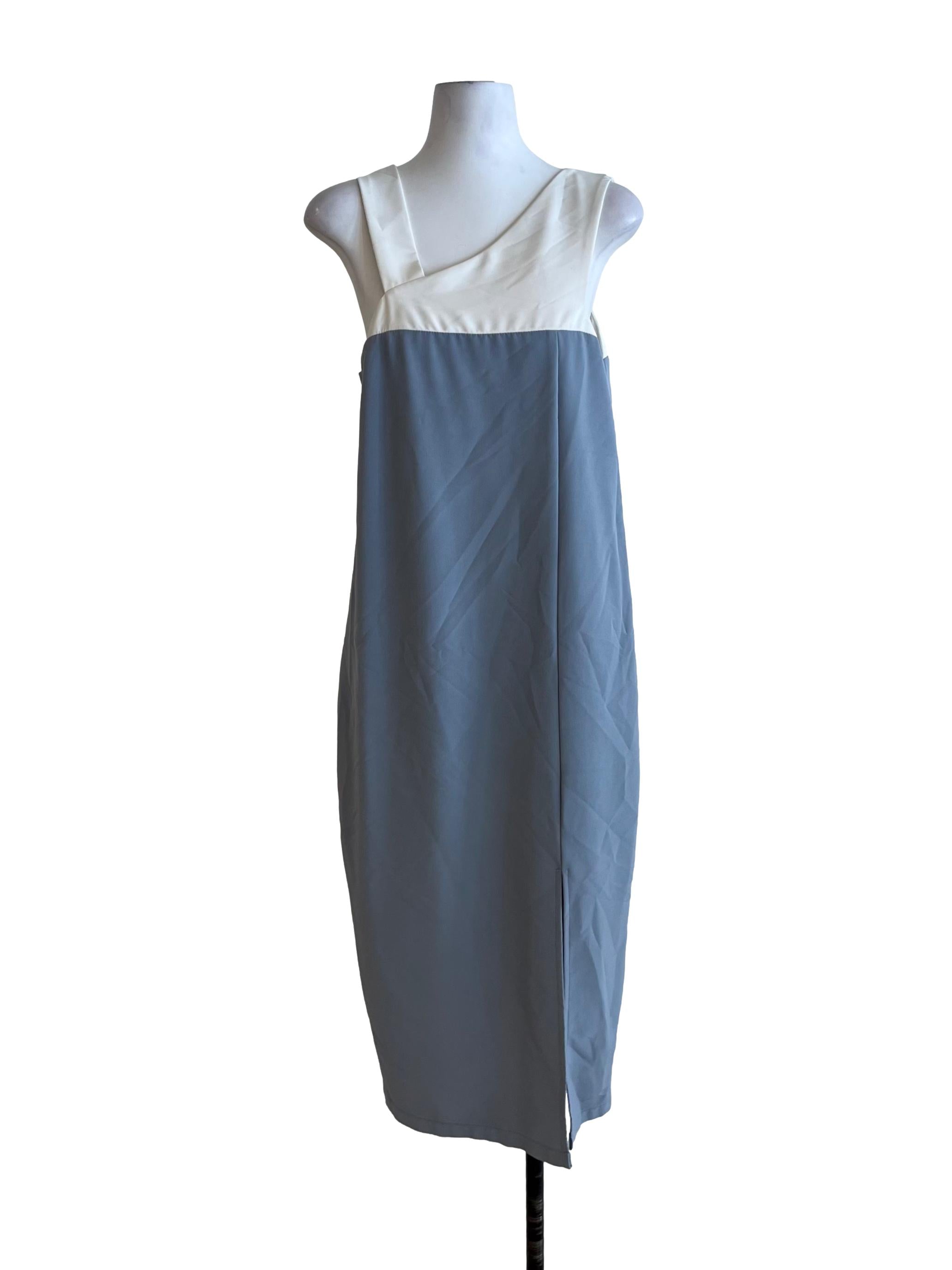 Stone Blue Asymmetrical Neckline Shift Dress