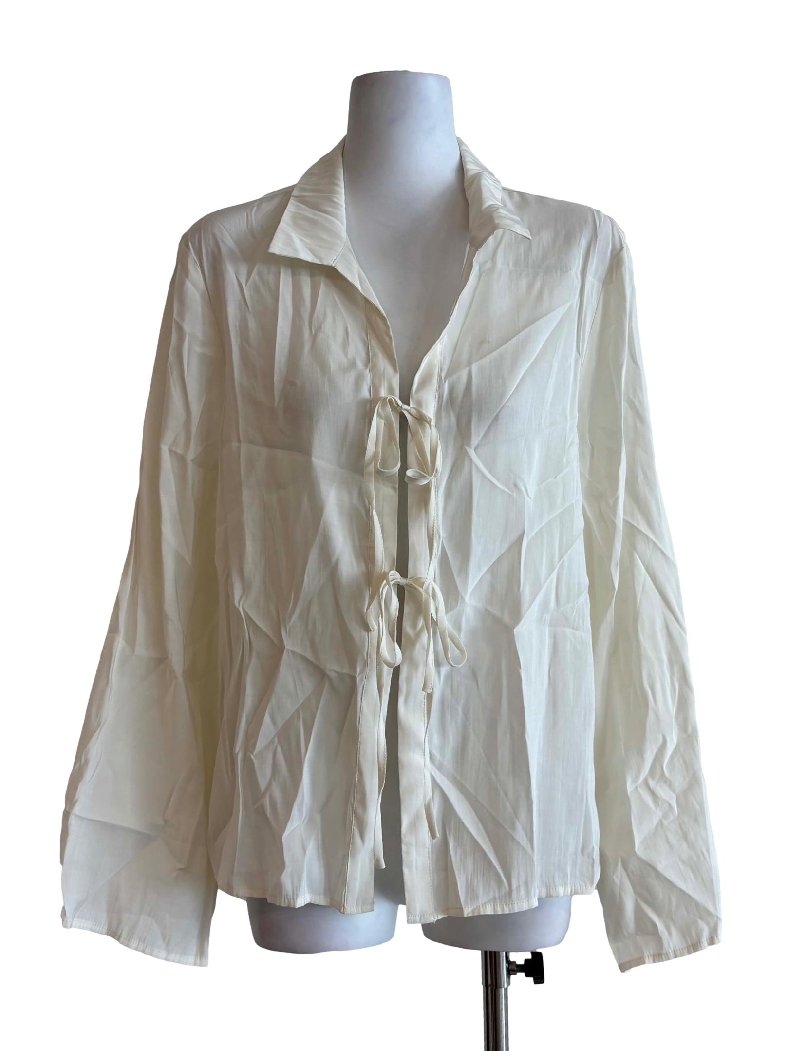 Ivory White Long Sleeve Ribbon Blouse