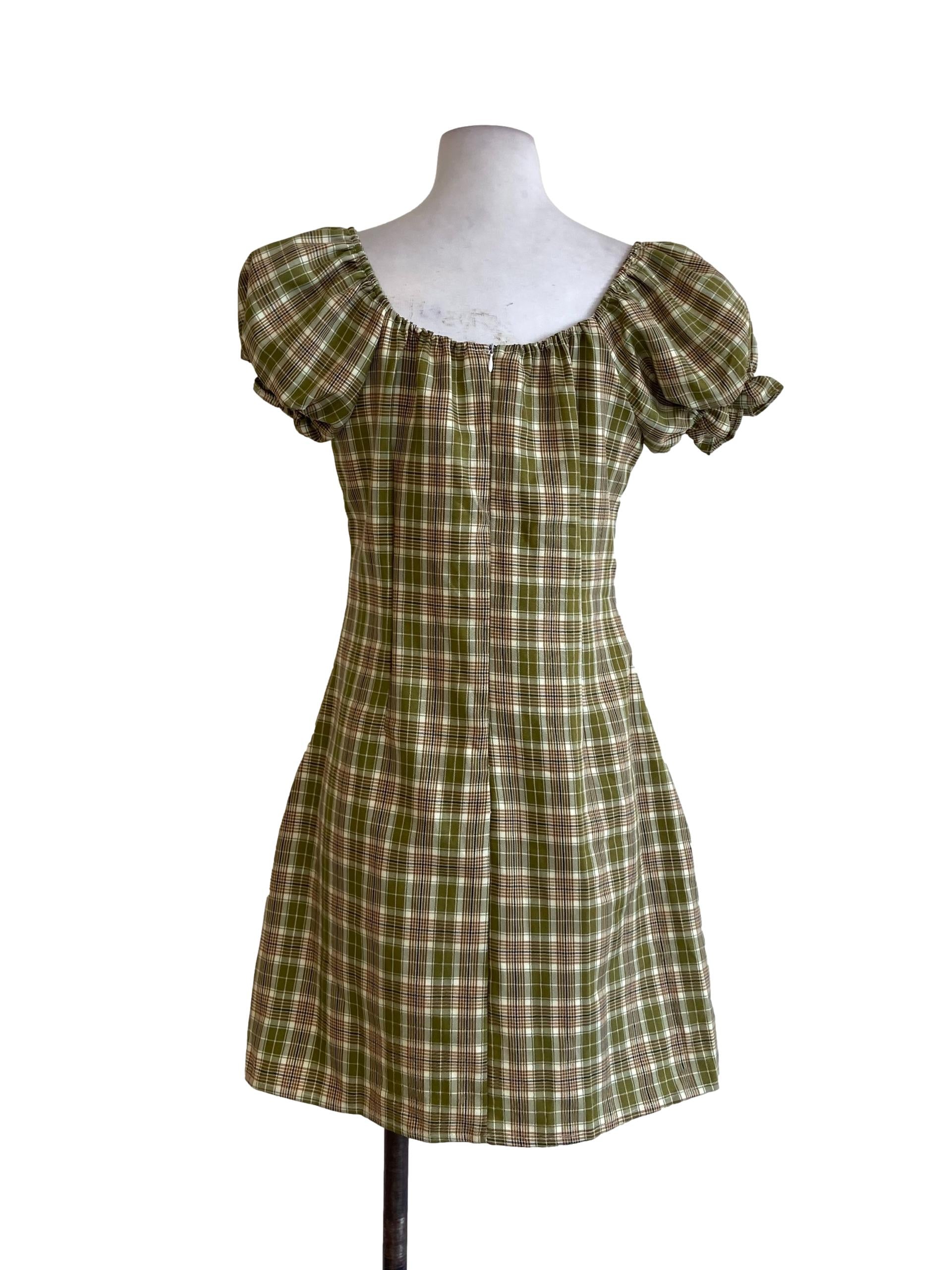 Olive Green Madras Juliet Sleeve A-Line Dress