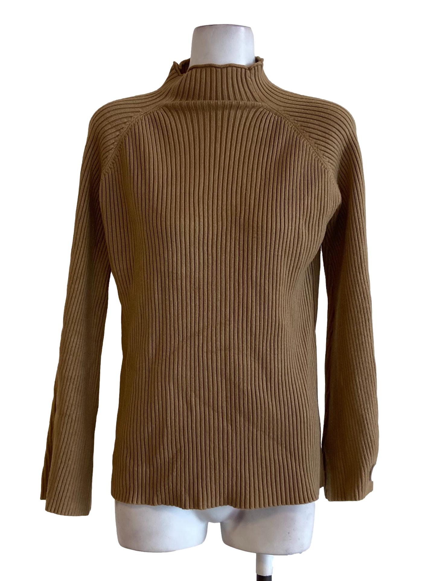 Tortilla Brown Pencil Stripe Turtle Neck Blouse