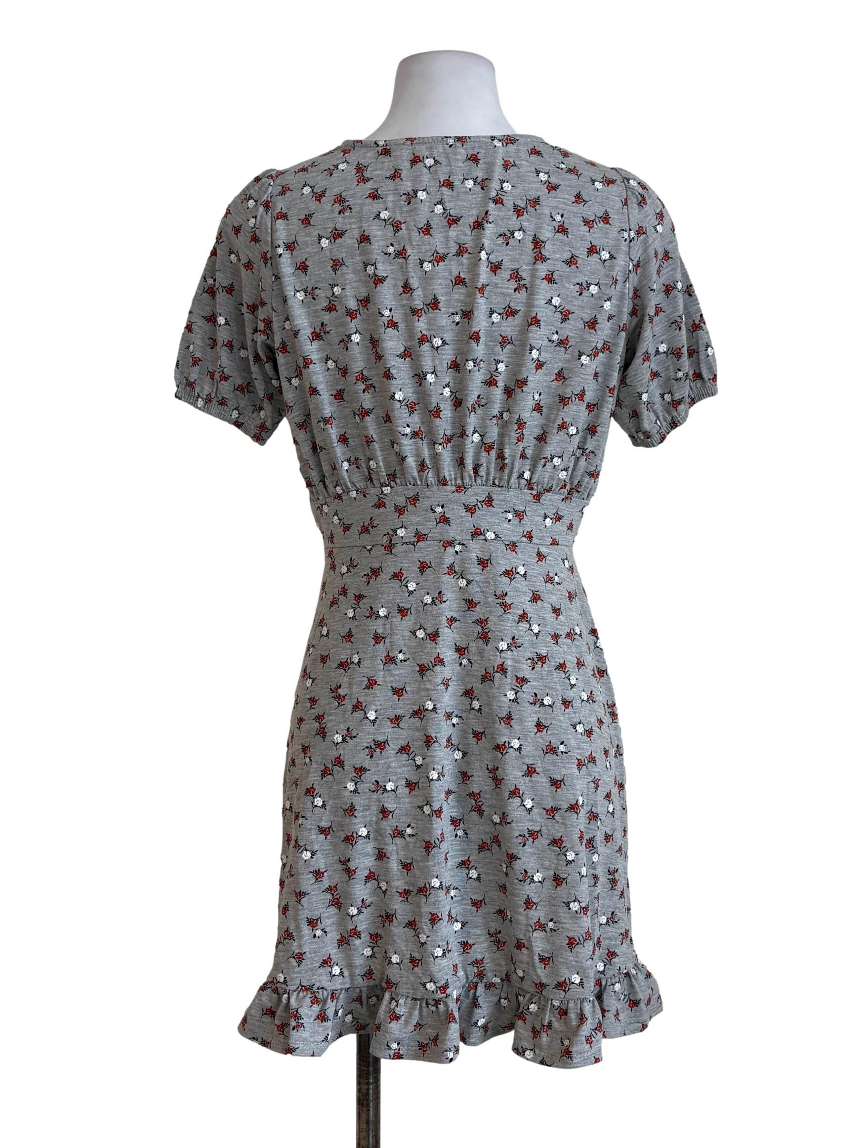 Grey Floral Jersey Ruffle Dress