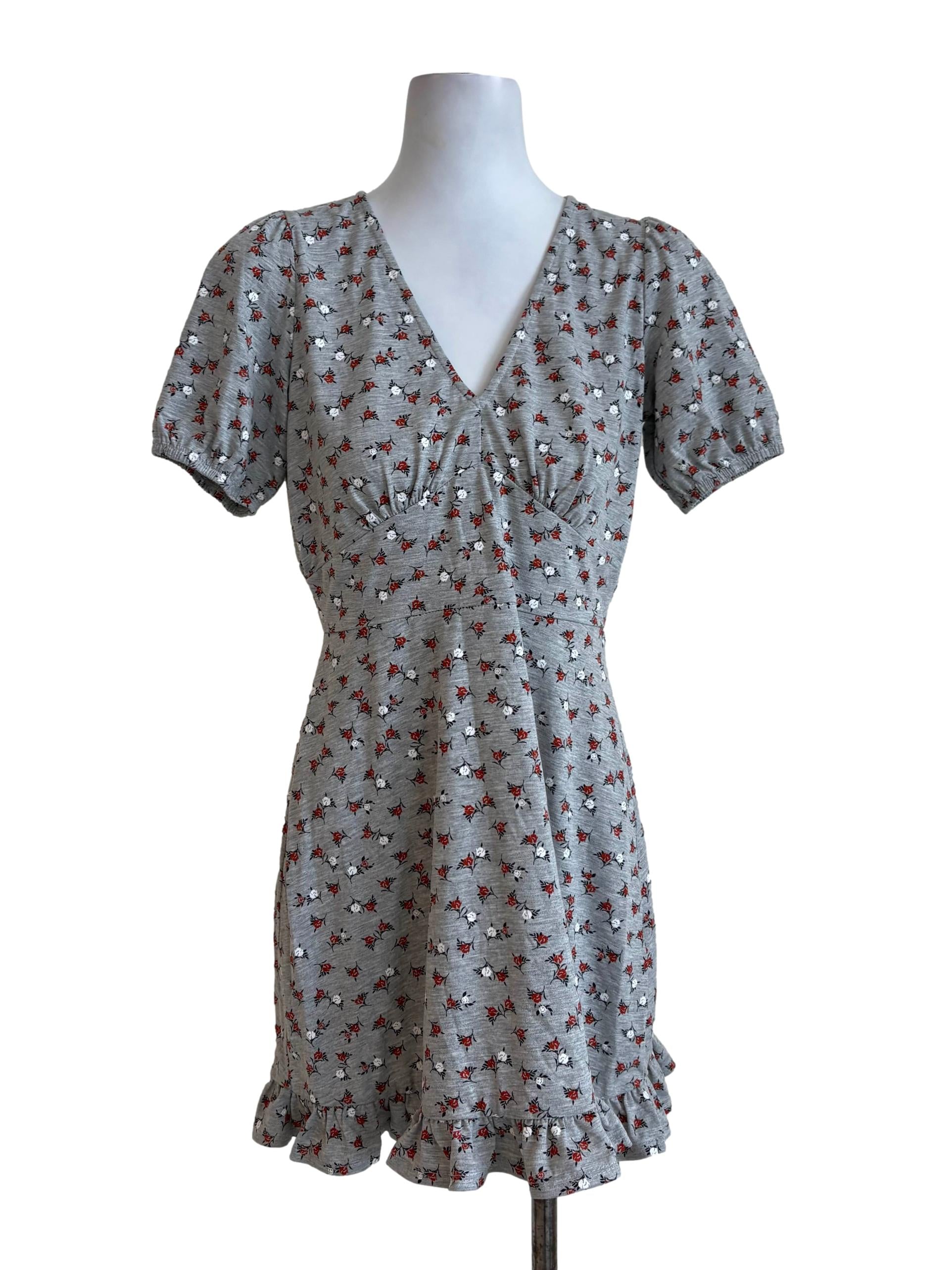 Grey Floral Jersey Ruffle Dress