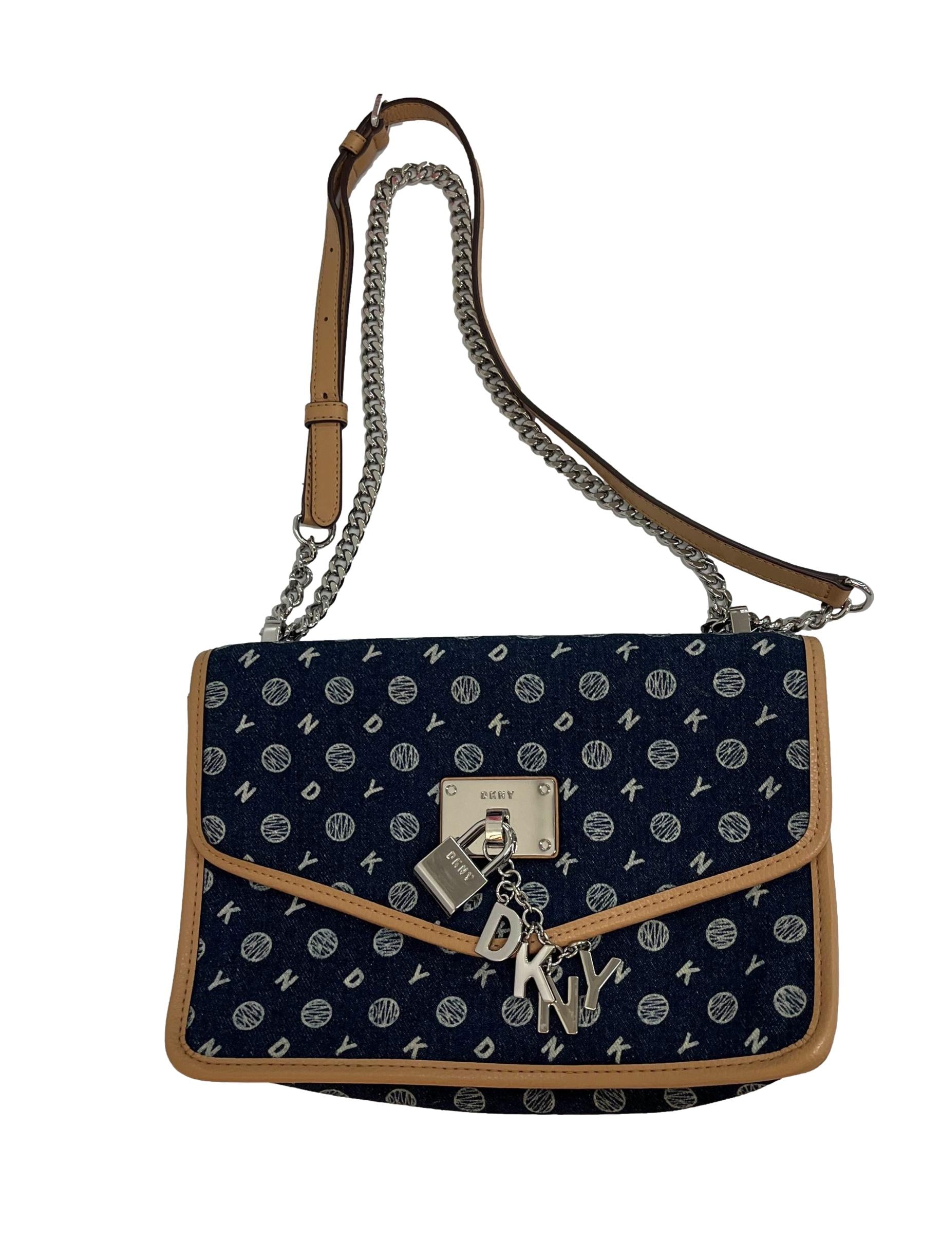 Denim Monogram Shoulder Bag With Metal Detailing
