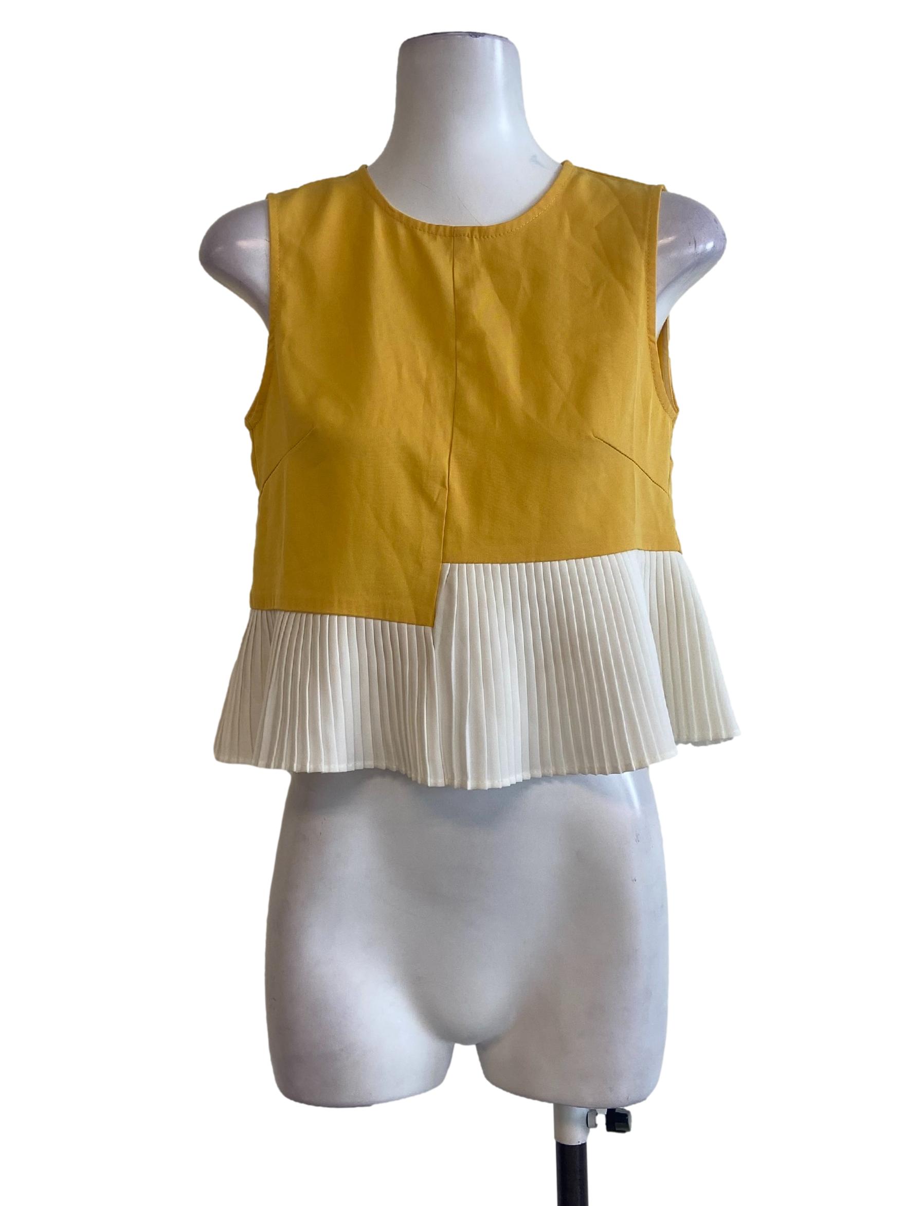 Yellow & White Half Plaids Sleeveless Blouse