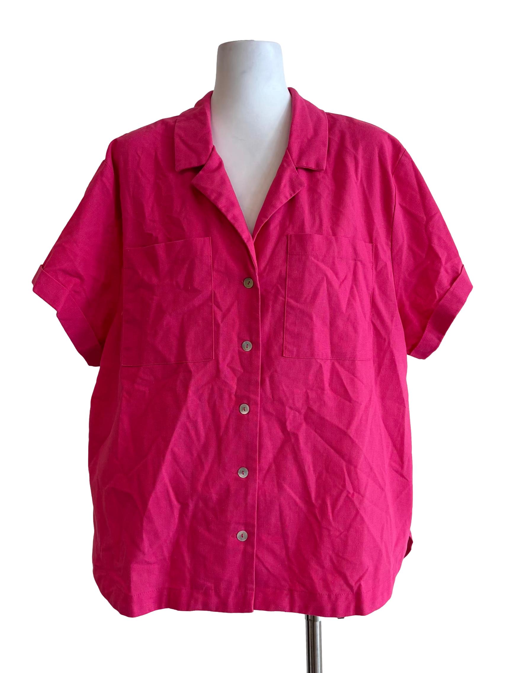Hot Pink Short Sleeve Buttoned Linen Shirt