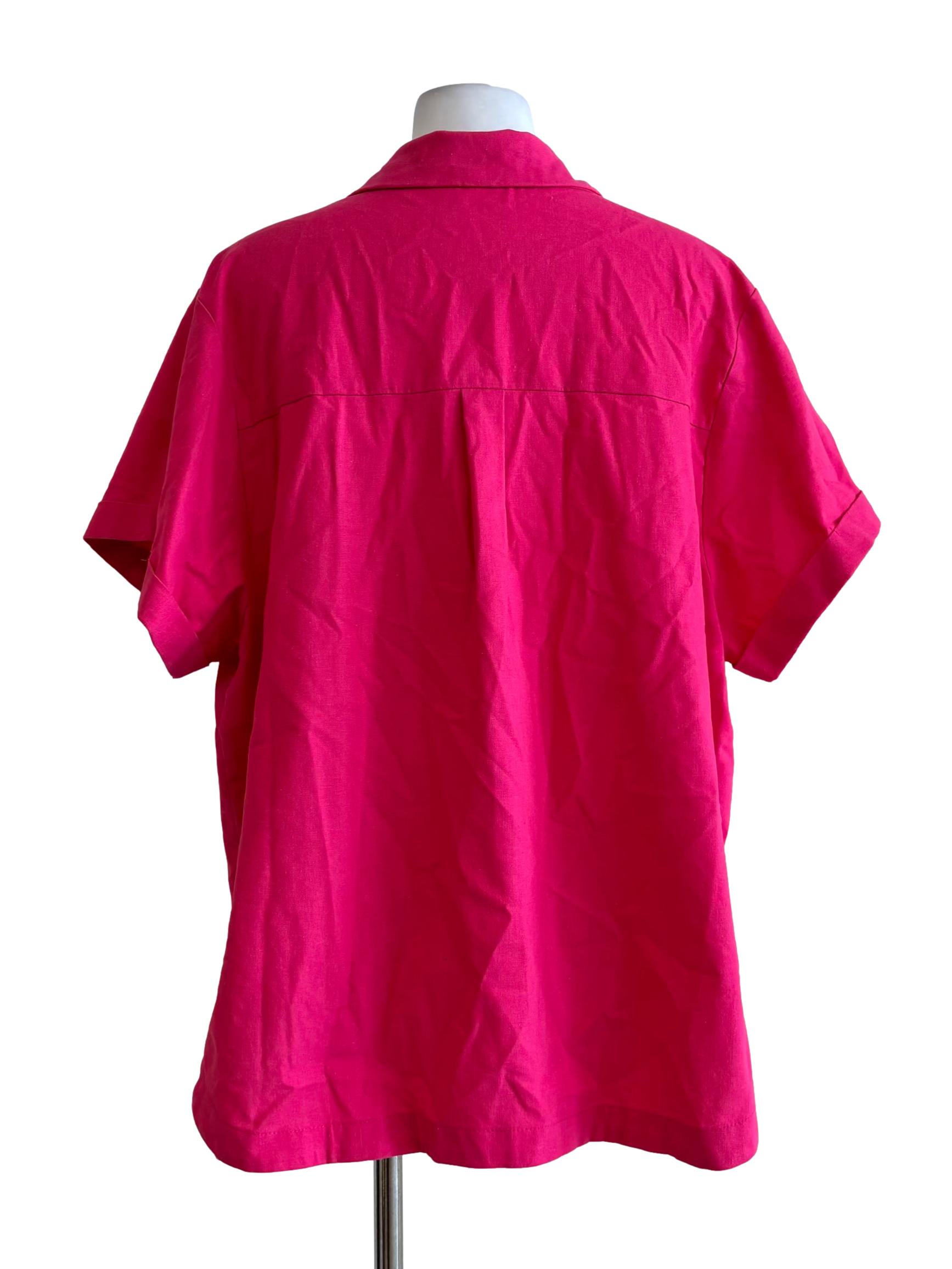 Hot Pink Short Sleeve Buttoned Linen Shirt