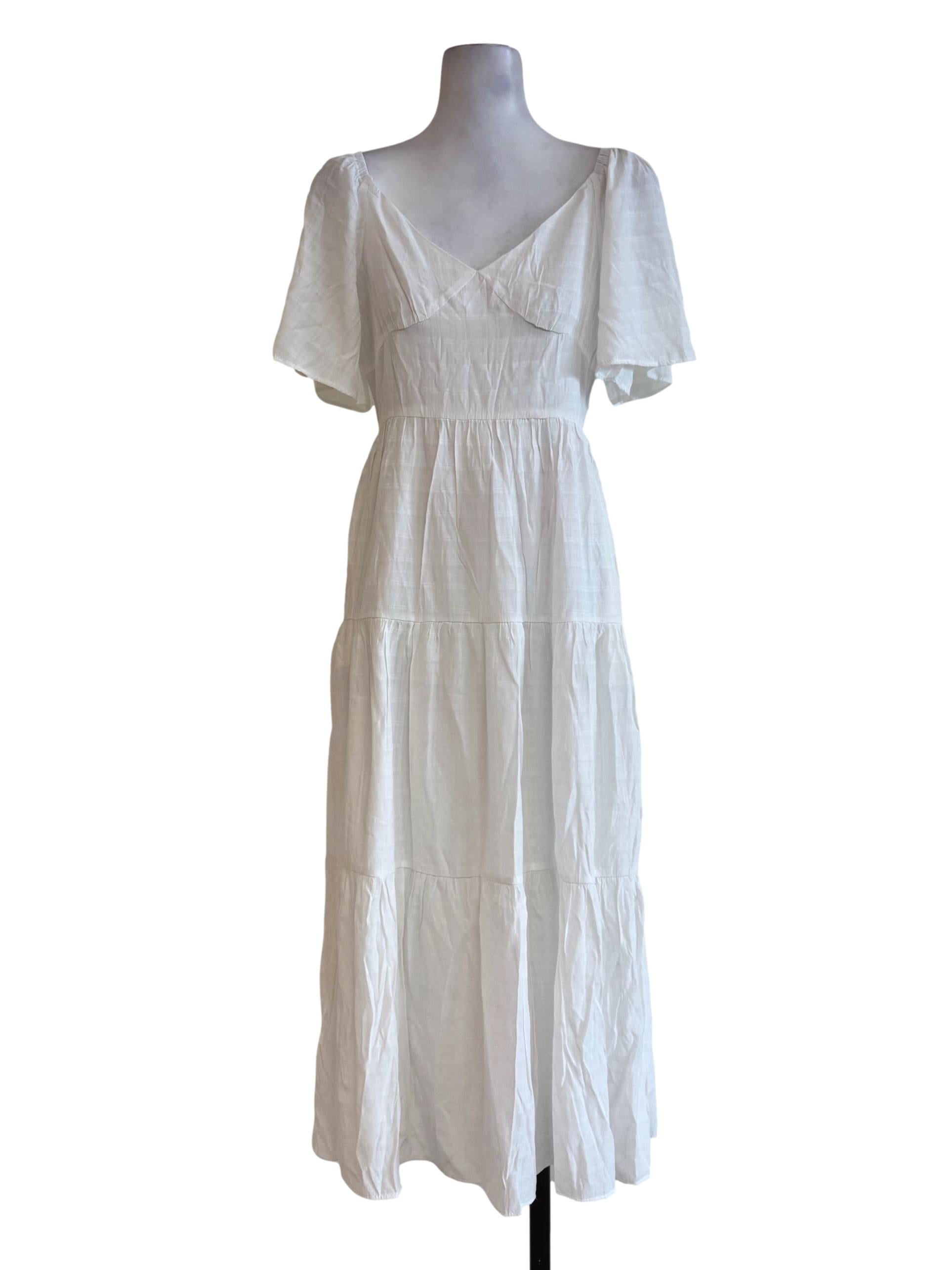 Cotton White V Neck Balloon Sleeve Layer Dress