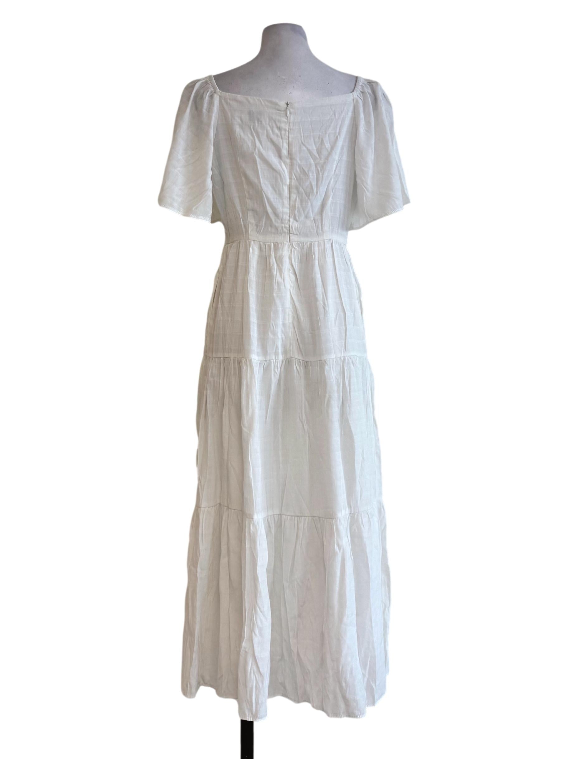 Cotton White V Neck Balloon Sleeve Layer Dress